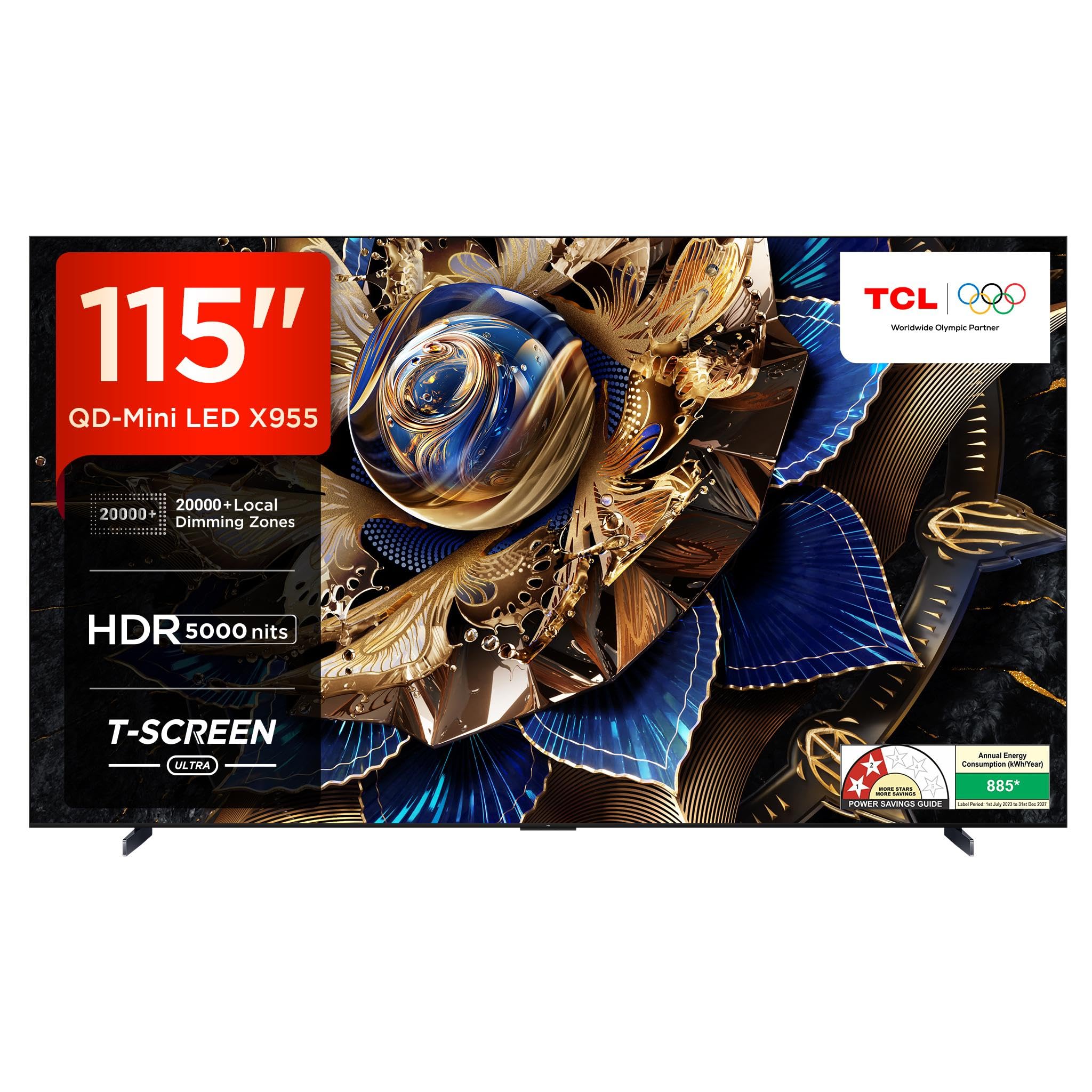 TCL 115X955 Max TV with key features highlighted: QD-Mini LED, 115 inch screen, 20000+ Local Dimming Zones, HDR 5000nits, QLED PRO, T-SCREEN ULTRA, AiPQ PRO Processor, ONKYO 6.2.2 Hi-Fi System, Game Master, AMD FreeSync Premium Pro, Google TV, Ultra Slim Design, Multiple Eye Care, Multi View 2.0, HomeKit & Airplay 2.