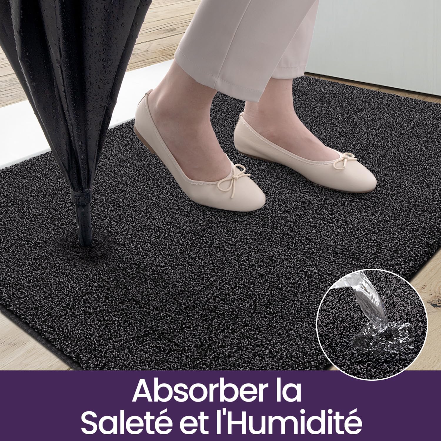 DEXI Paillasson Interieur Entree 60 x 90 cm, Tapis d'Entrée Antidérapant Lavable en Machine, Tapis de Sol avec Microfibres Douces Absorbantes pour Entrée, Couloir, Chien, Noir-Gris