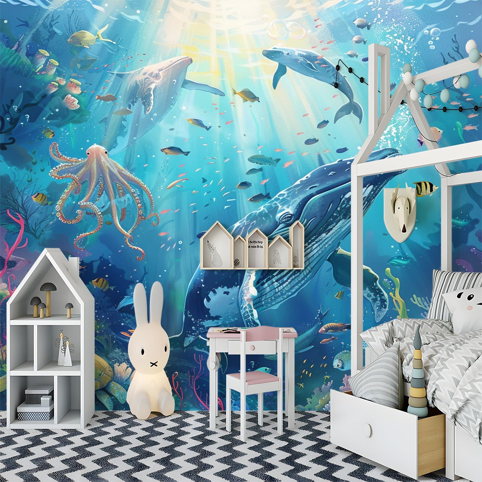 3D Effekt Fototapete Abstrakte Kunst Unterwasser-Tiere Wanddeko, Blau Hochwertige Wanddekoration, Vlies Tapete Wandbild für Wohnzimmer Schlafzimmer Büro 350x256cm