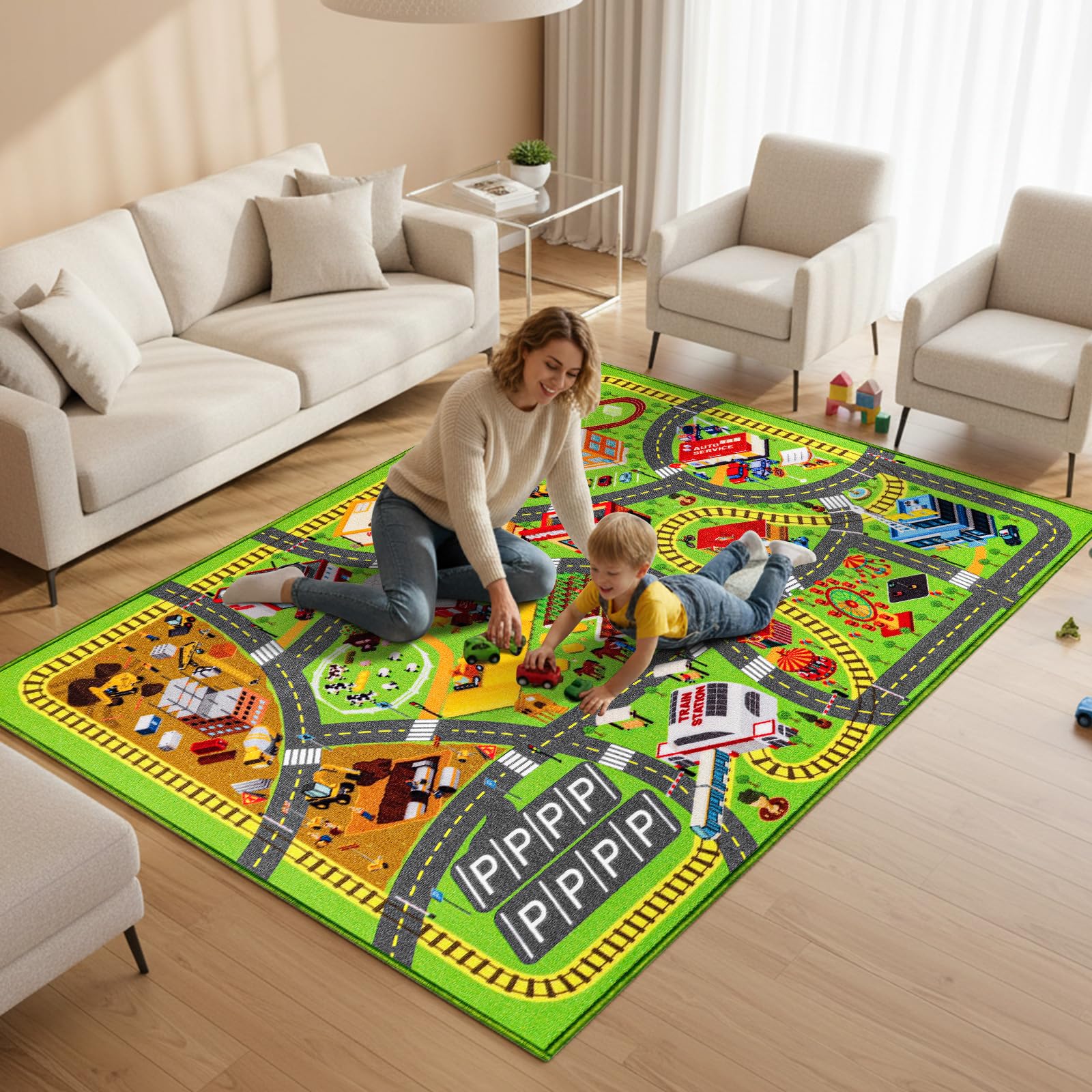 Spielteppich Kinder – Autoteppich mit Straßenmotiv, rutschfeste Spielmatte für Autos & Lastwagen, Kinderteppich für Spielzimmer, Schlafzimmer, Straßenteppich für Jun (3D-Straßenszene, 200X135 CM)