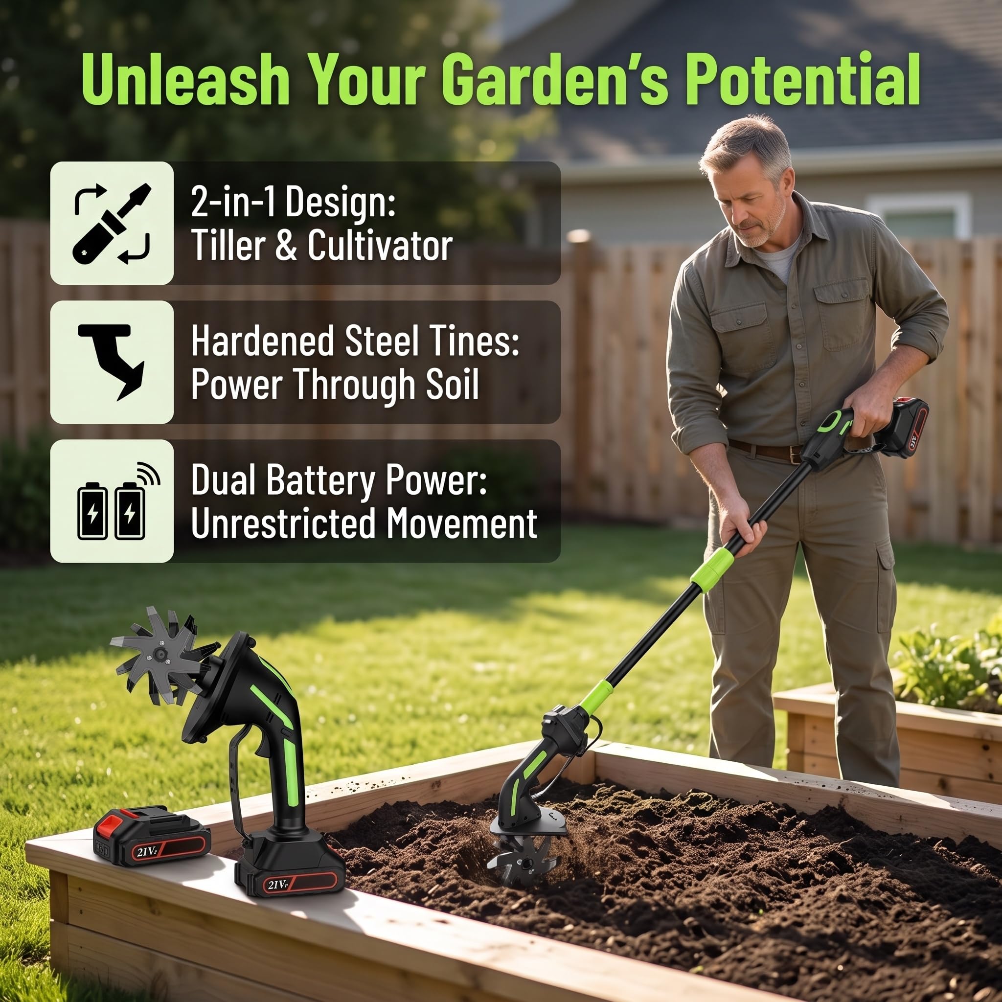 Motoculteur Et Cultivateur De Jardin sans Fil 2 en 1 Léger, Outil De Bêchage électrique à Batterie avec Rallonge pour Désherbage Et Tranchées Faciles