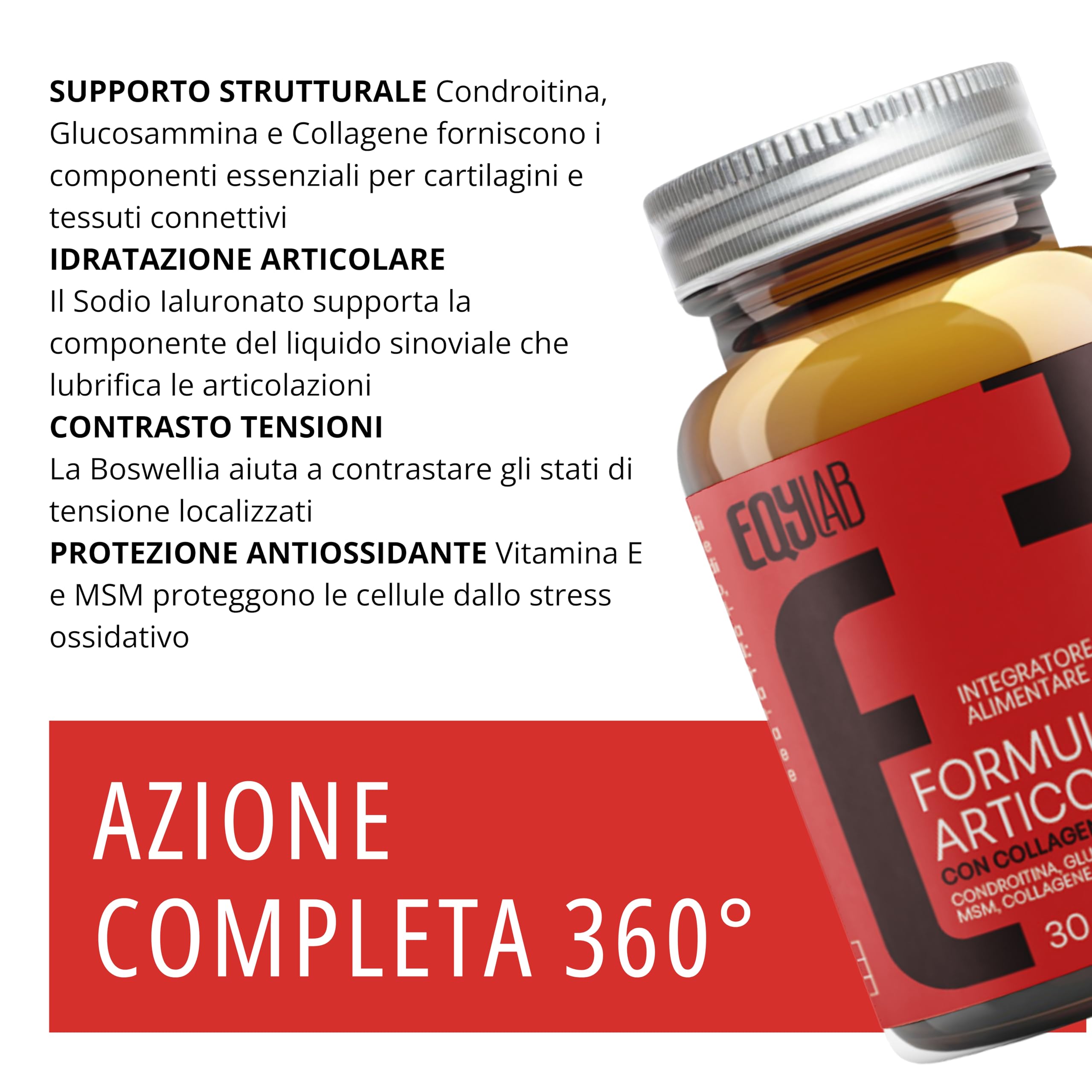 EQYLAB – Integratore Articolazioni con Condroitina, Glucosamina, MSM, Collagene, Acido Ialuronico e Boswellia per Mobilità e Benessere Articolare - 30 Compresse