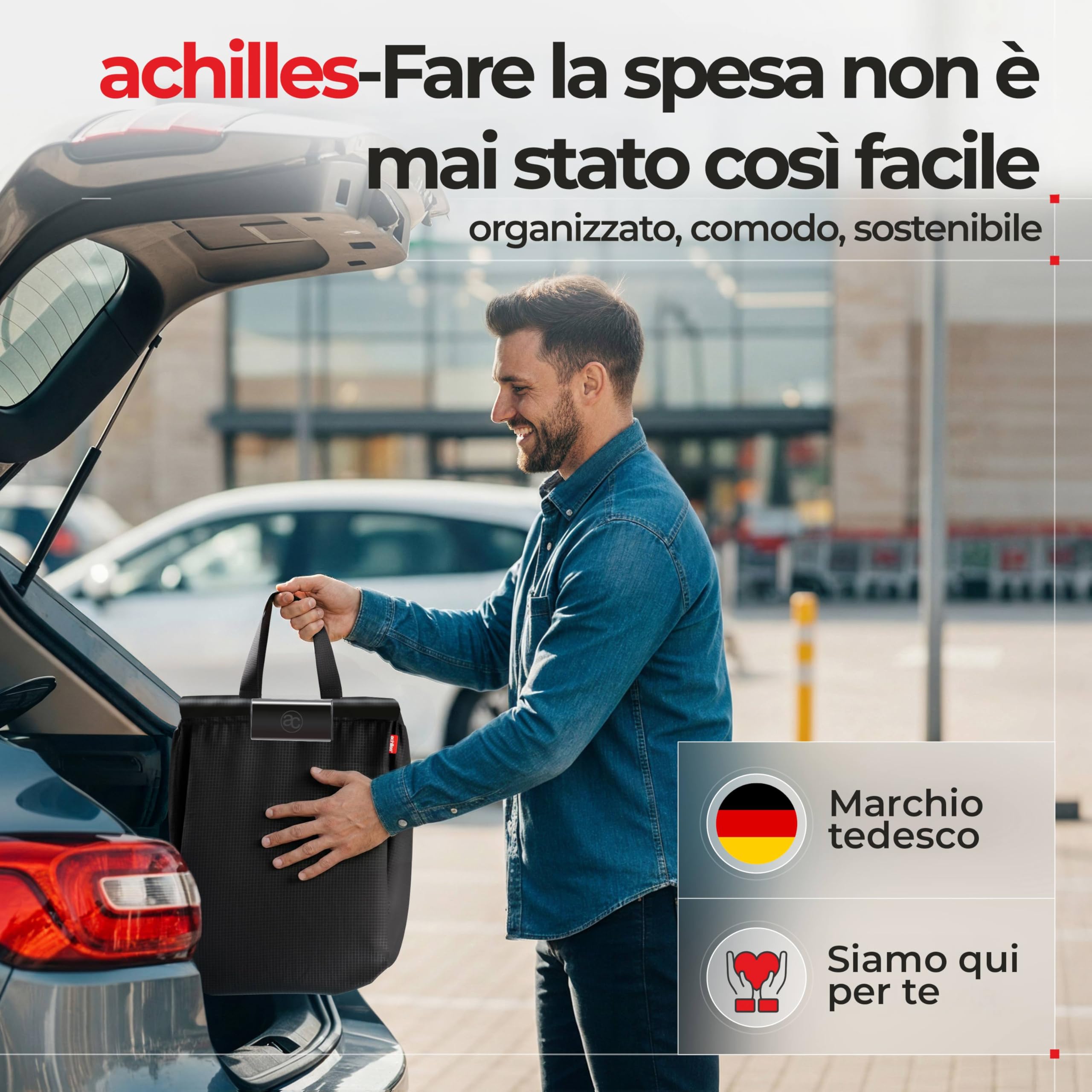 achilles Borsa Spesa Stoffa Pieghevole con Scomparto Raffreddamento e Porta Bottiglie - 40L Grande Shopping Bag - Nero - 54x35x39 cm