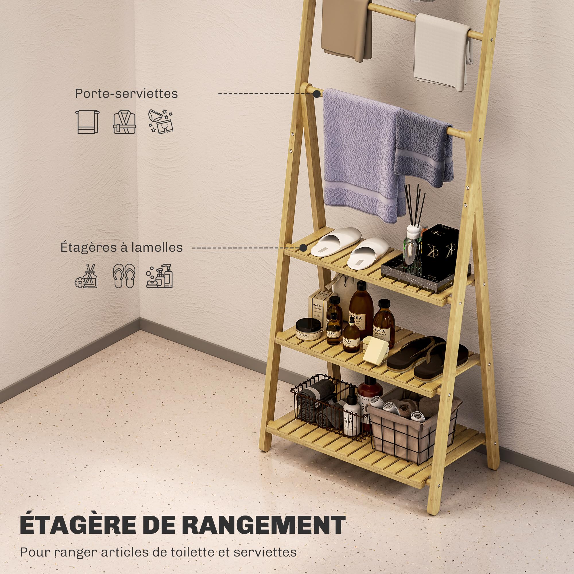 HOMCOM Étagère Salle de Bain en Bambou Pliable 3 Niveaux au Sol étagère à échelle avec Porte-Serviettes, présentoir de Plantes pour Salon, Salle à Manger, Balcon, 53,5x30x153cm, Effet Bois Naturel