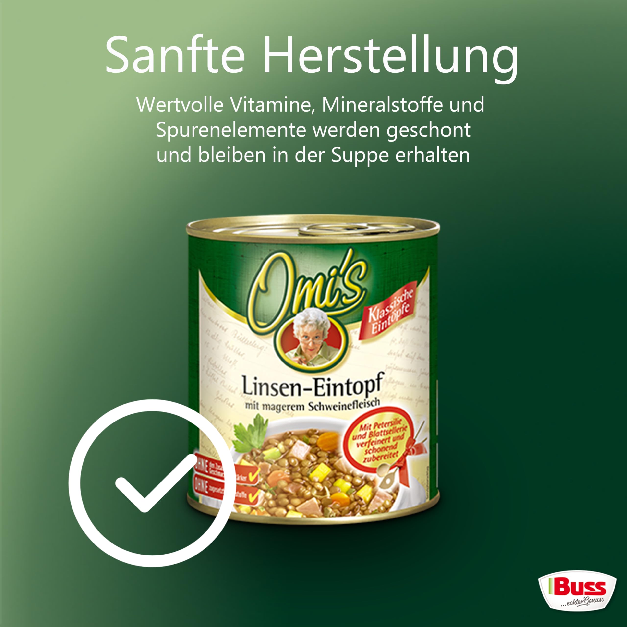 Buss Omi’s klassischer Linseneintopf - Würzig leckerer Suppentopf mit Linsen und magerem Schweinefleisch - Schnelle Fertiggerichte zum Aufwärmen in Mikrowelle & Topf - 6 x 800g (Packung mit 2)