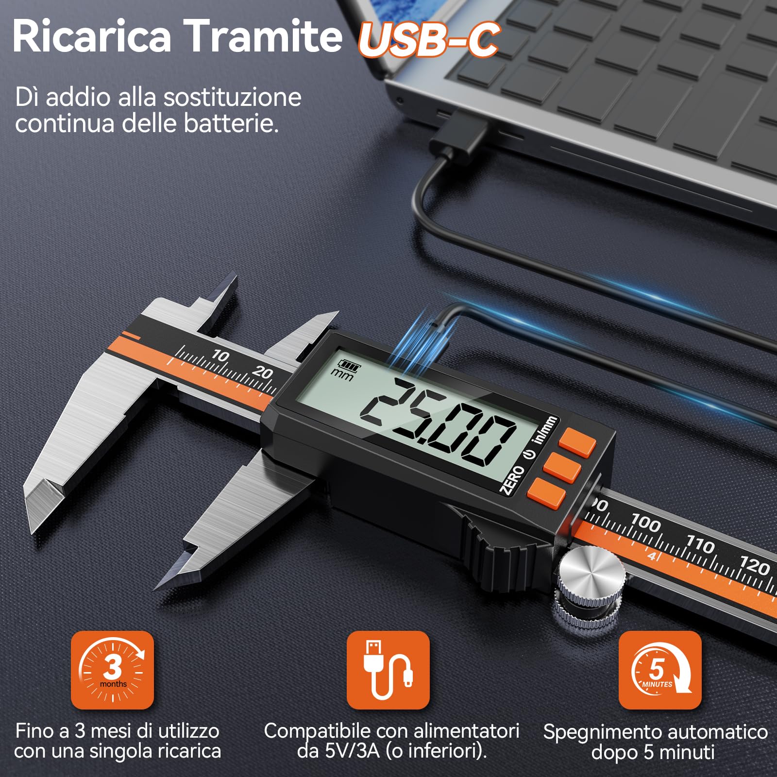 Preciva Calibro Digitale 150mm Acciaio Inox IP54 Impermeabile USB Ricaricabile