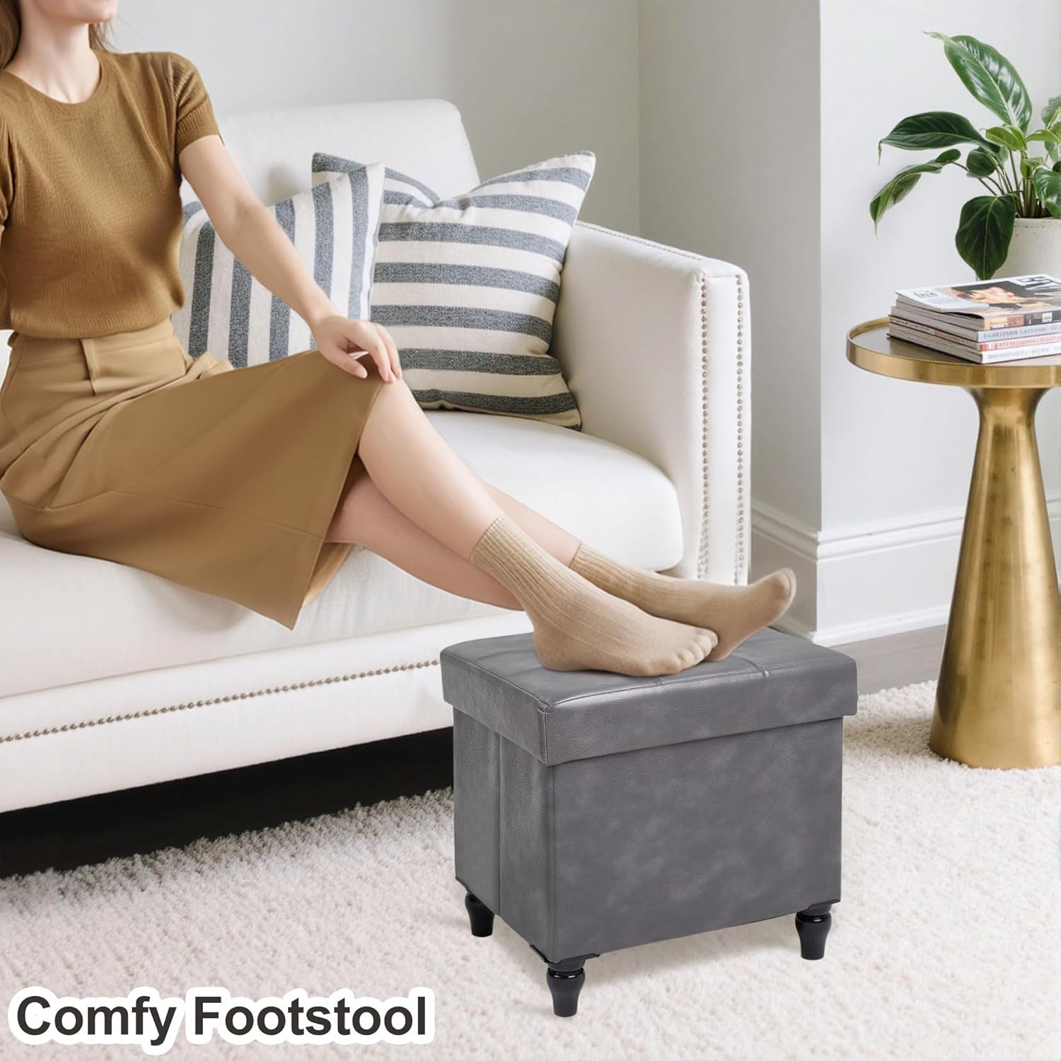 GLAXYFUR Storage Ottoman Bench, 15 Inches Foldable Ottoman Foot Stool with Legs, PU Leather Footrest for Living Room, Bedroom, Dorm (Grey)