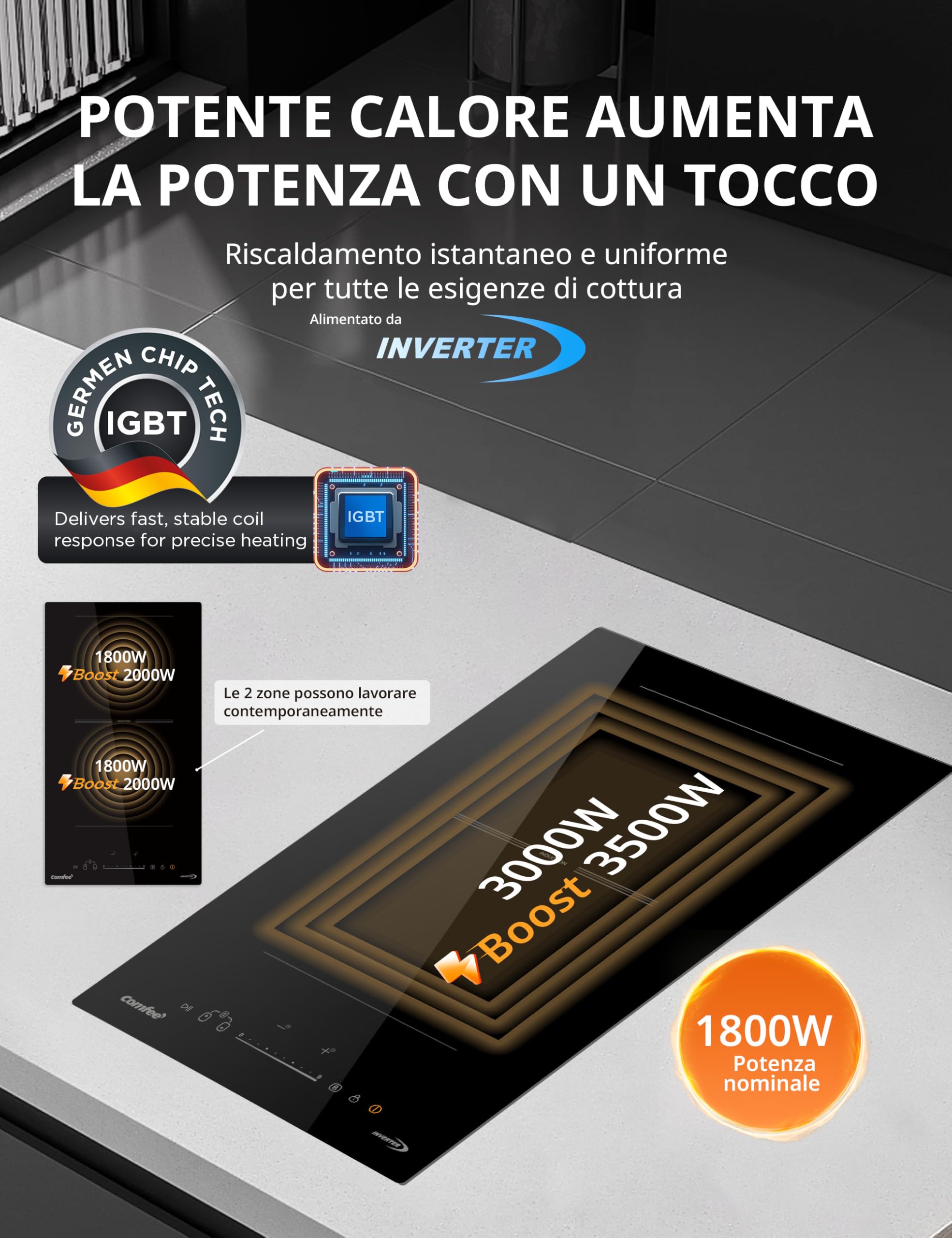 COMFEE' CIH351D215K1 Piano Cottura ad Induzione con 2 Zone Flessibili, 9 Livelli di Potenza con Funzione Boost, Superficie di Cottura 20% maggiore, Blocco Bambino, Controllo a Tocco