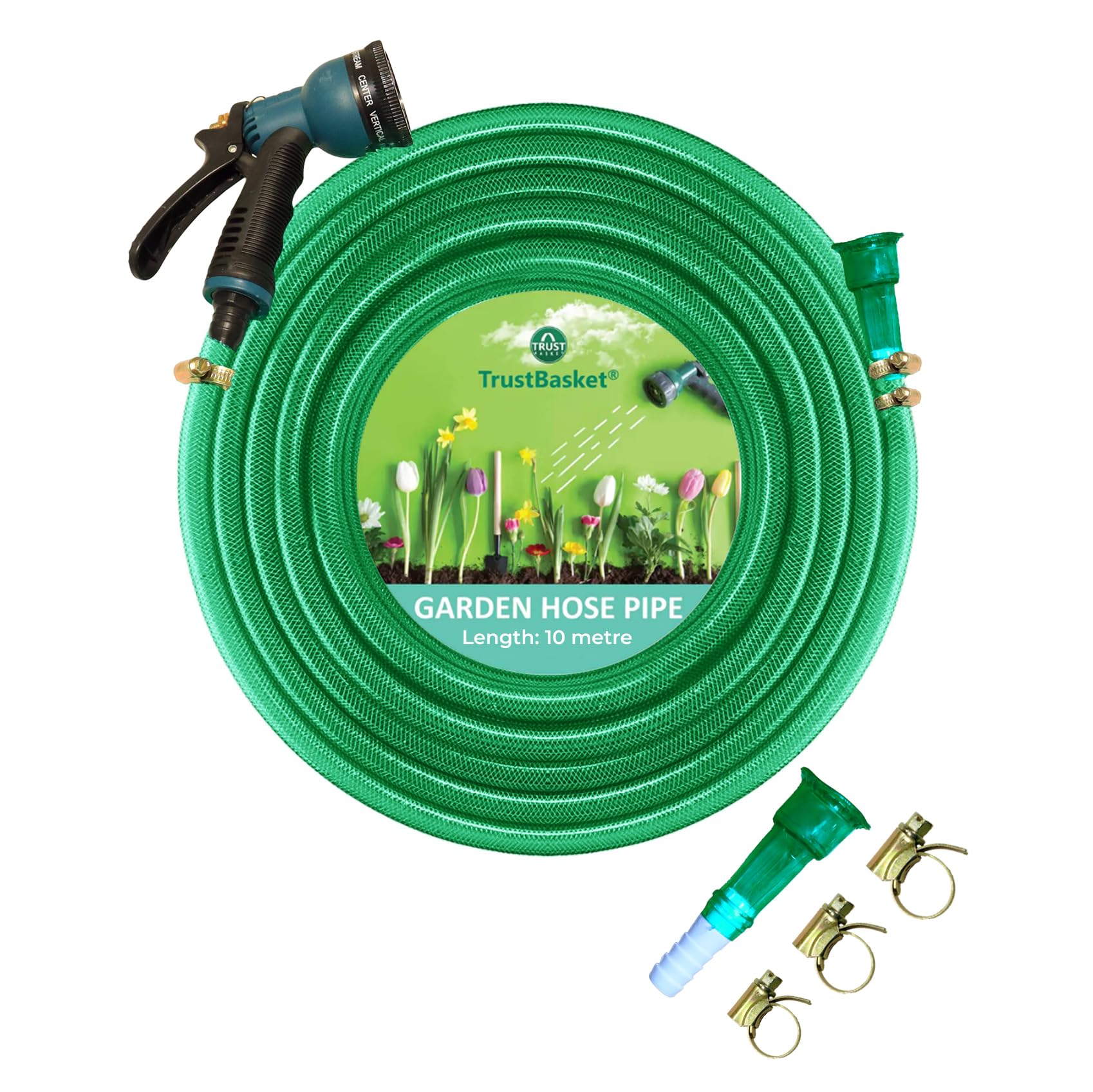 TrustBasket Heavy Duty Highly Durable PVC Plain Green Braided Water Hose Pipe (10 Meter) with 7 Pattern Sprayer Gun & 3 Clamps (1/2 inch Pipe) - Easy to Connect for Home Gardening, Lawn, Car Wash (B0862BD4J9) Amazon Price History, Amazon Price Tracker