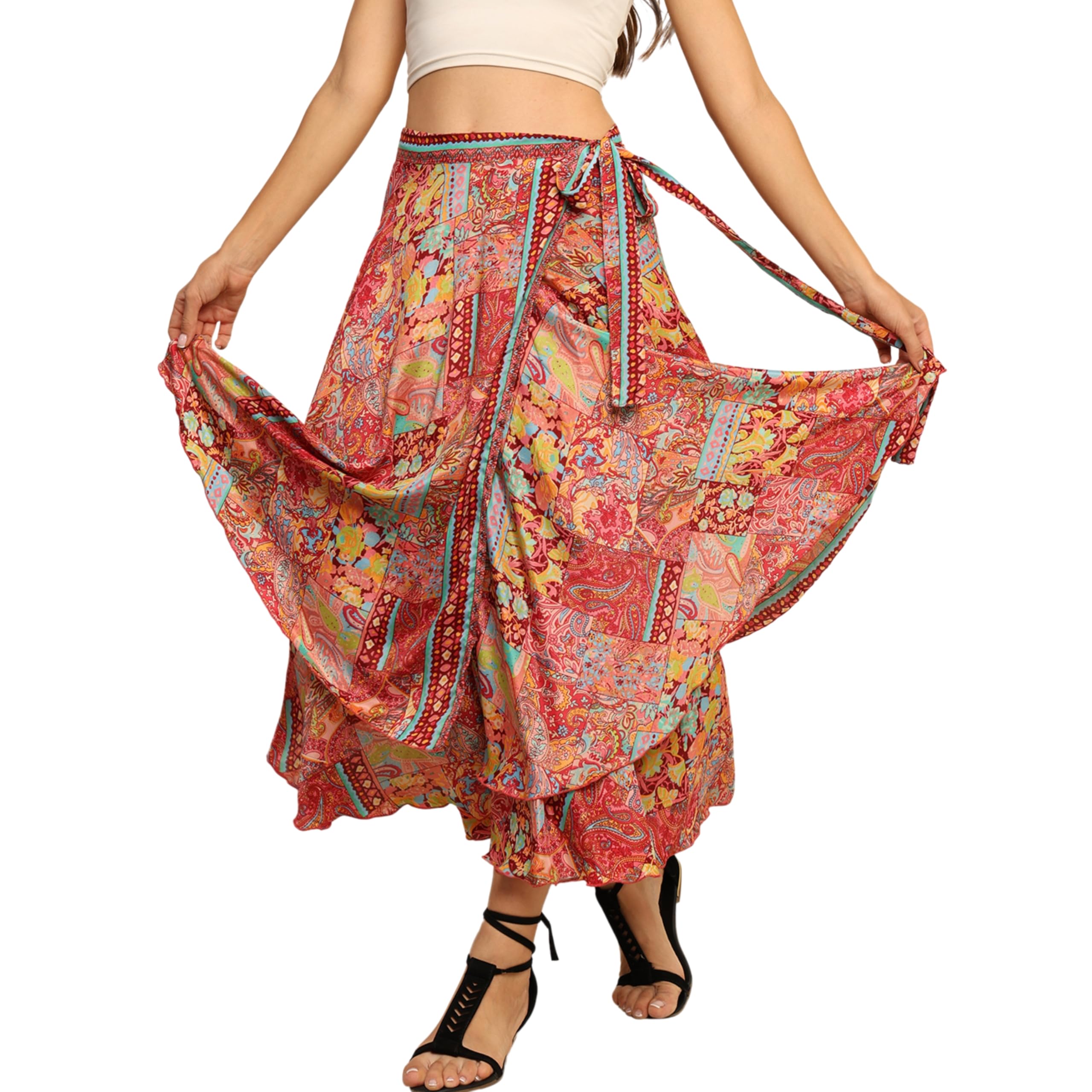 KE KANHA EXPORTS Multi Wear Skirt for Women|Long Skirts for Woman|Wrap for Women|3 in 1 Wrap Skirt |Halter|Dress|Border Print|Boho Beach|Easily fits XS to XXL|Waist24-38in|Length38in