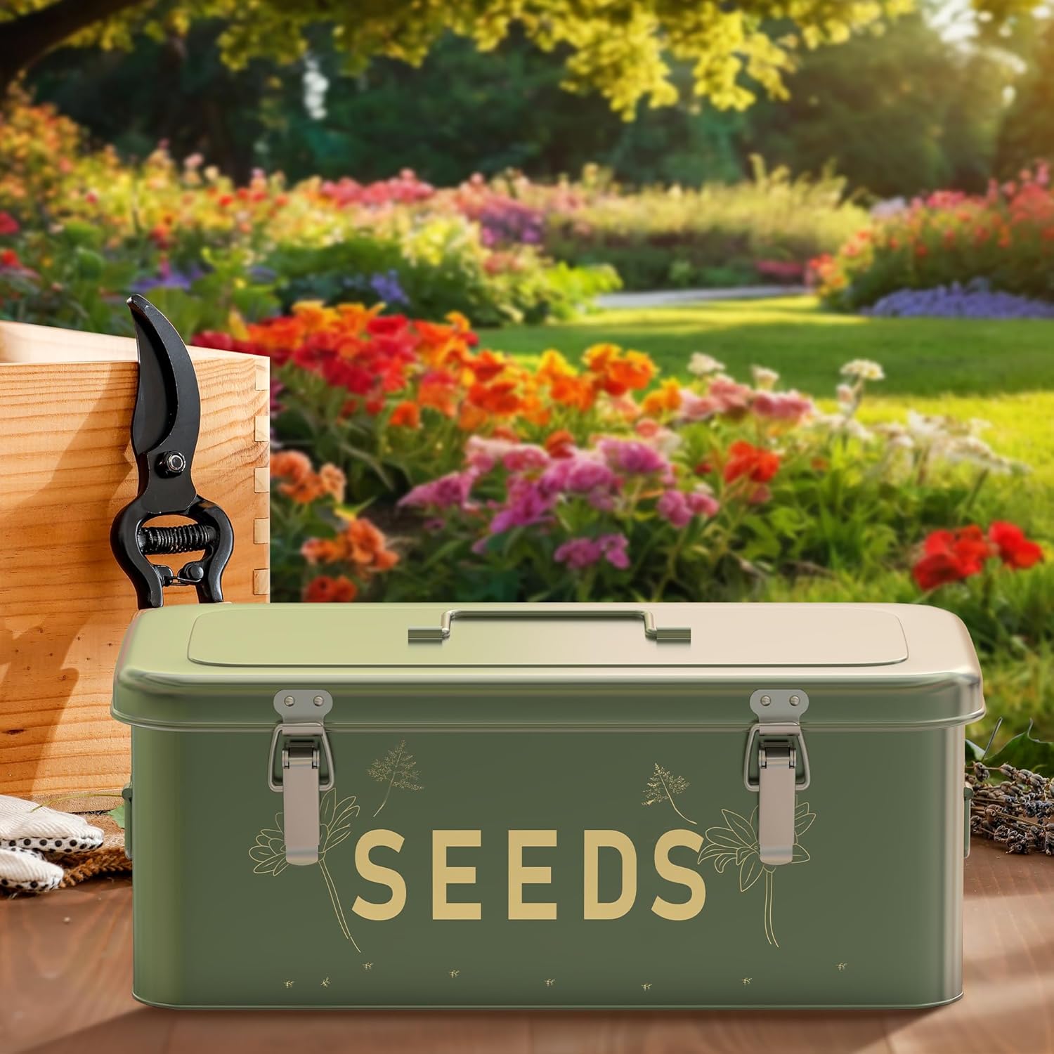 Orionstar Seed Storage Organizer, Metal Seed Saving Box with Lid, Seed Bin with 30 Plant Labels 30 Seed Envelopes 1 Marker Pens, 4 Compartments Box with Safety Locks, Blackish Green - Image 2