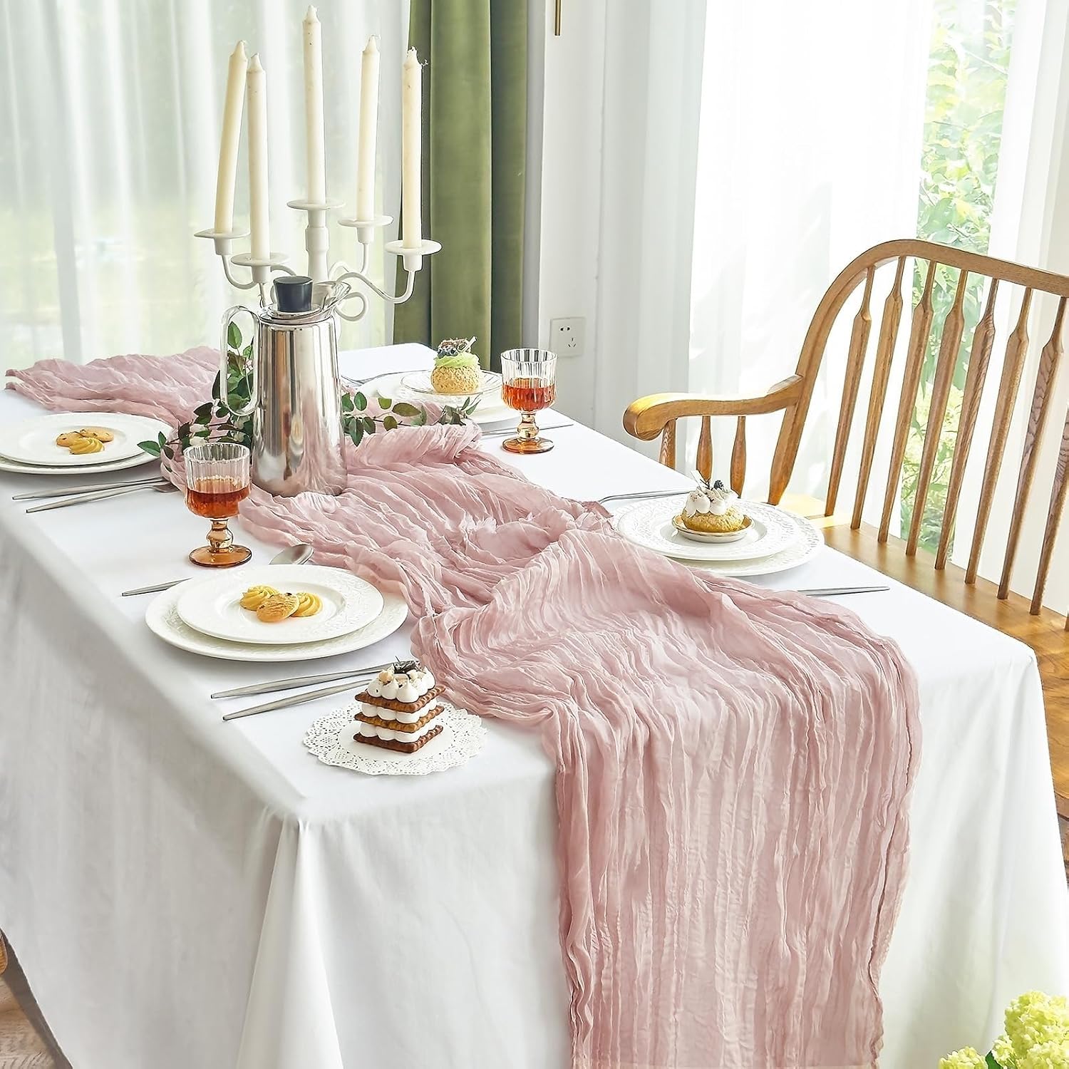Table Runner for Home Decor Semi-Sheer Wedding Table Runner Cheesecloth Setting Dining Party Arches Cake Decor(White,90x180cm)