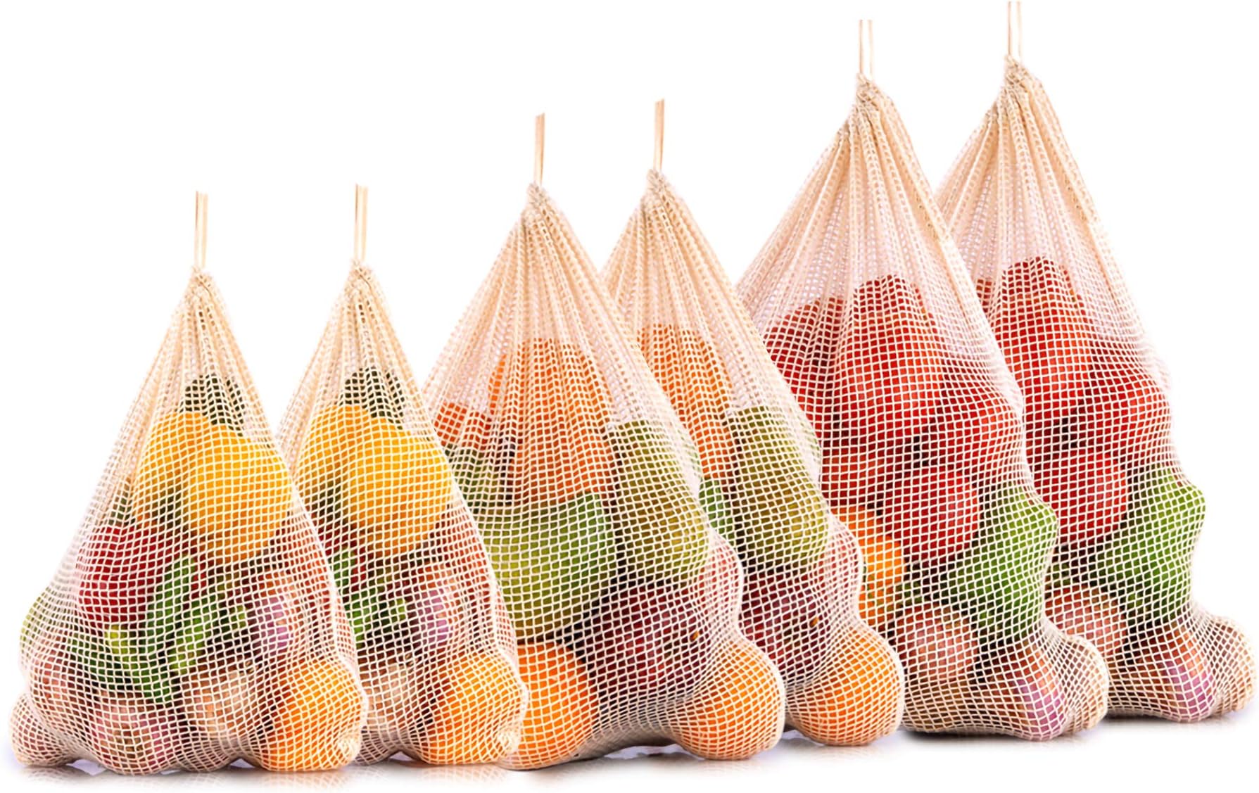 Reusable Cotton Mesh Produce Bags – 100% Organic Grocery Bags for Fruits & Vegetables, Washable & Durable with Drawstring & Tare Weight, Reusable Storage & Shopping Bag 6 Pack (2L, 2M, 2S)