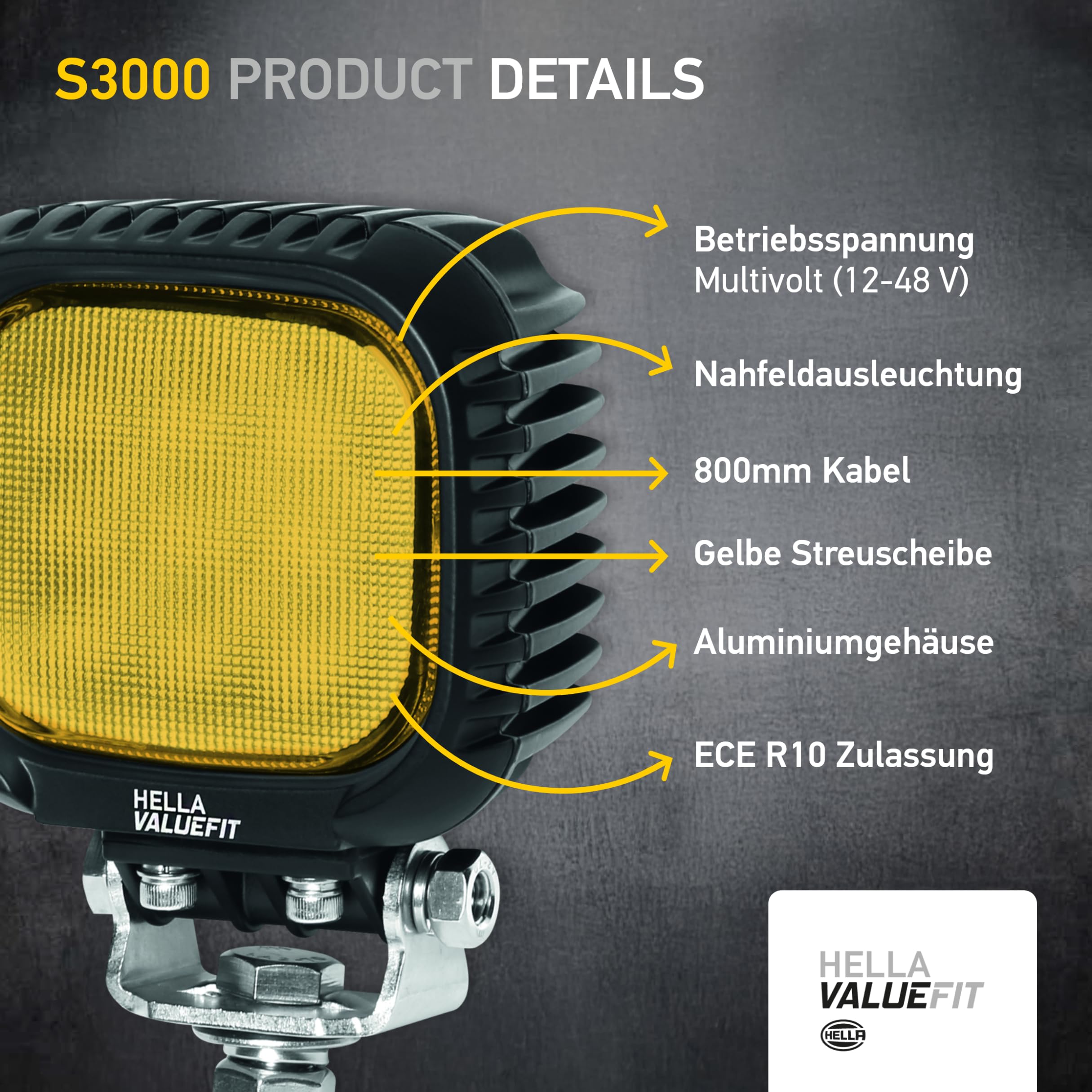 HELLA VALUEFIT 1GA 357 109-022 LED-Werklamp - S3000 - 24/12/48V - 1800lm - Geschroefd/Opbouw - Zwenkbare montagebeugel - Omgevingsverlichting - Kabel: 800mm - Stekker: DEUTSCH stekker