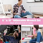 WORKPRO 2-Piece Adjustable Wrench Set, 6-Inch & 10-Inch Wrenches, Wide Jaw Black Oxide Wrench, Metric & SAE Scales, Cr-V Steel, for Home, Garage, Workshop - Pink