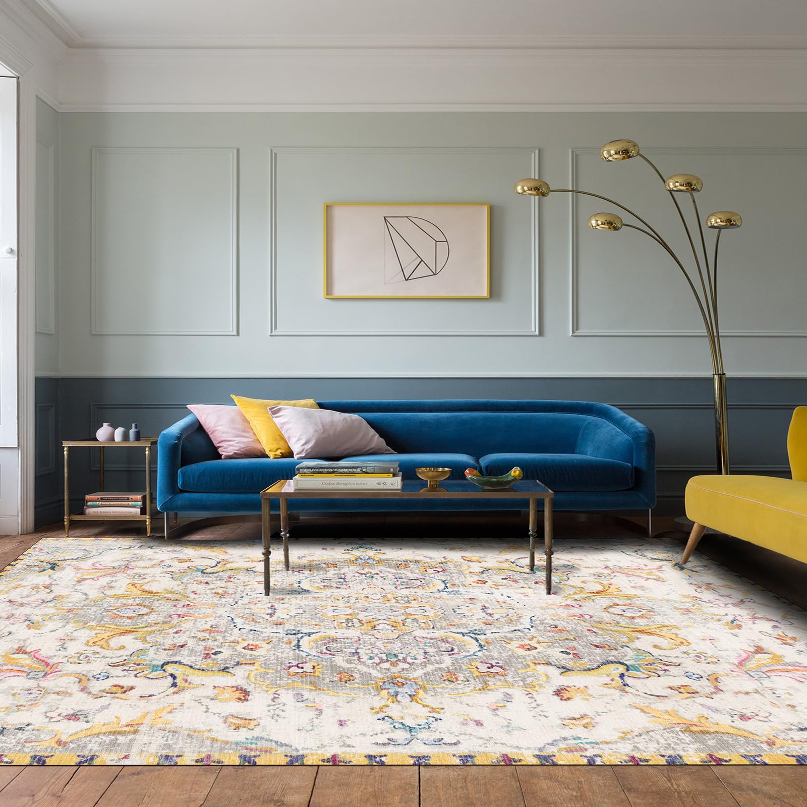 Renne Alfombra Salon Vintage Impresa Chenilla Estampada a Máquina 200 x 300 cm, Alfombra Salón Multicolor Vintage Dormitorio, Antibacteriana Antideslizante Base Alfombra Cocina