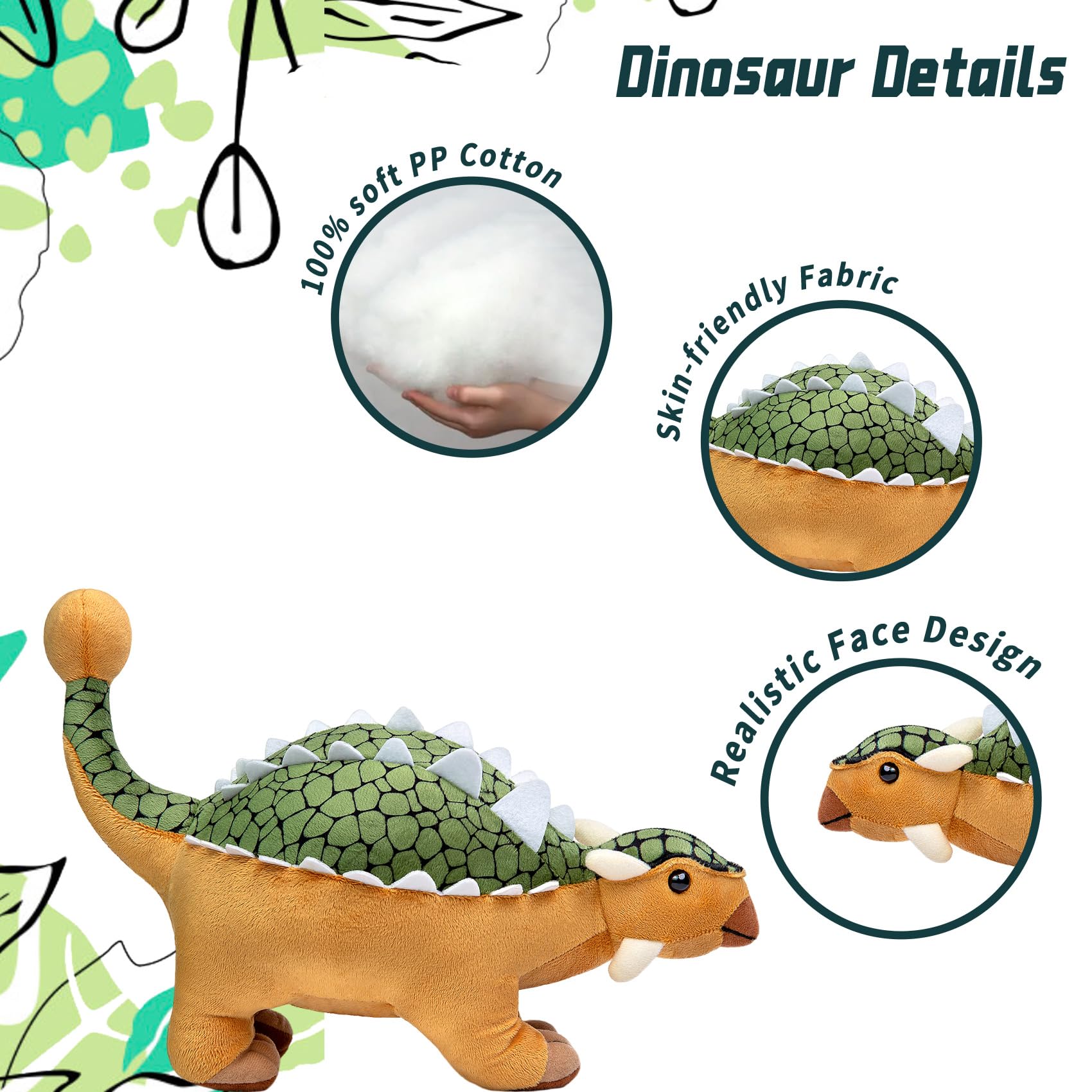 Tiny Heart Ankylosaurus Dinosaur Stuffed Animal Realistic Dinosaur Plush Toy Lovely Cute Soft Gifts Dinosaur for Kids Boys and Girls Bedtime Companion Plushie Collection Interactive Play green 14” - Image 2