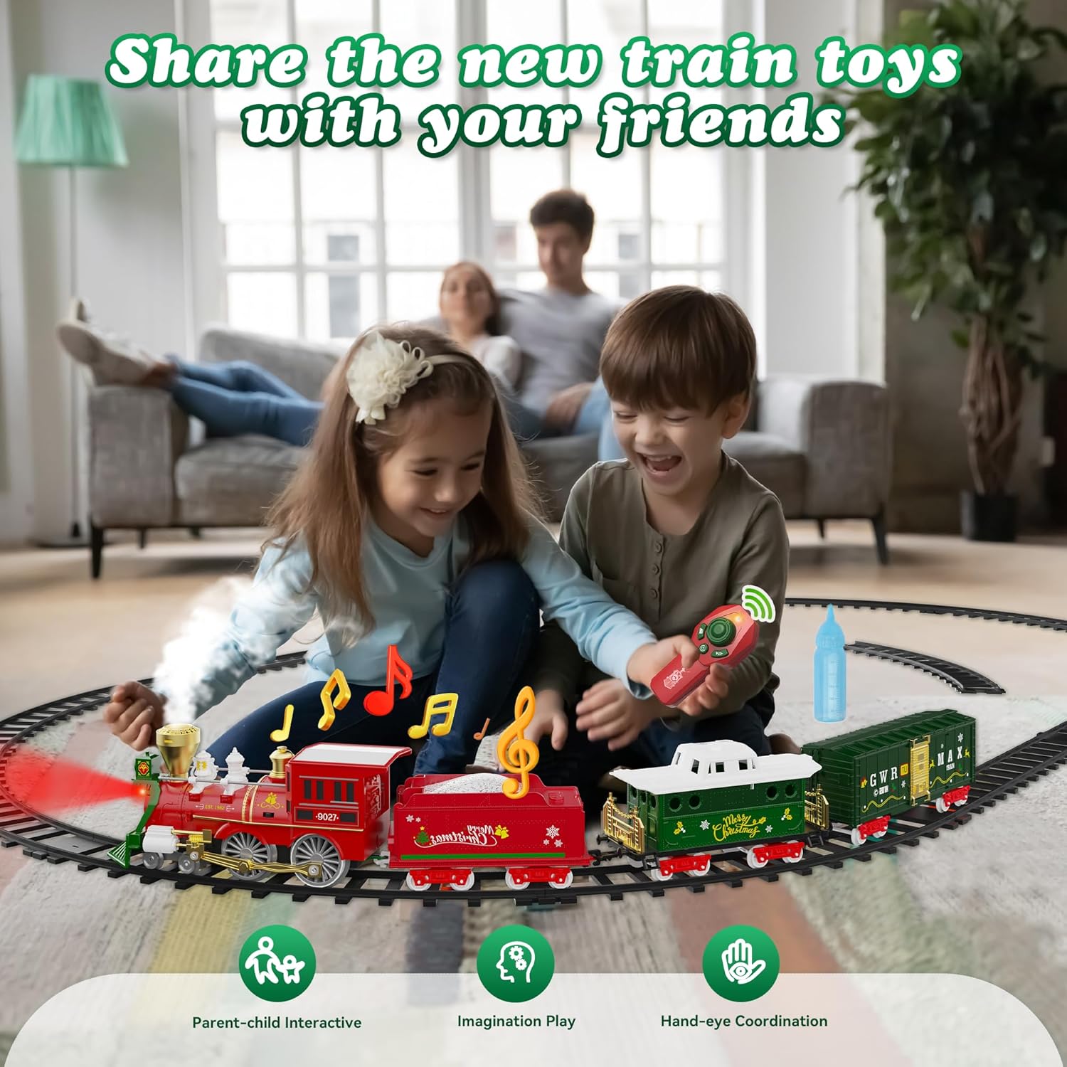 Hot Bee Christmas Train Set with Remote Control Train Toys w/Smoke, Lights & Sound, Christmas Train Sets for Around The Tree, Toy Train for Kids Train Set for 3 4 5 6 7+ Years Old Boys Gifts