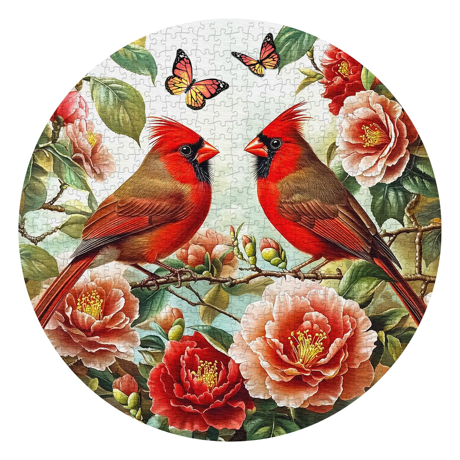 Vintage Bird Puzzle for Adults 1000 Pieces, Round Spring Cardinal Bird Flower Puzzles, Nature Floral Butterfly Bird Art Ji...