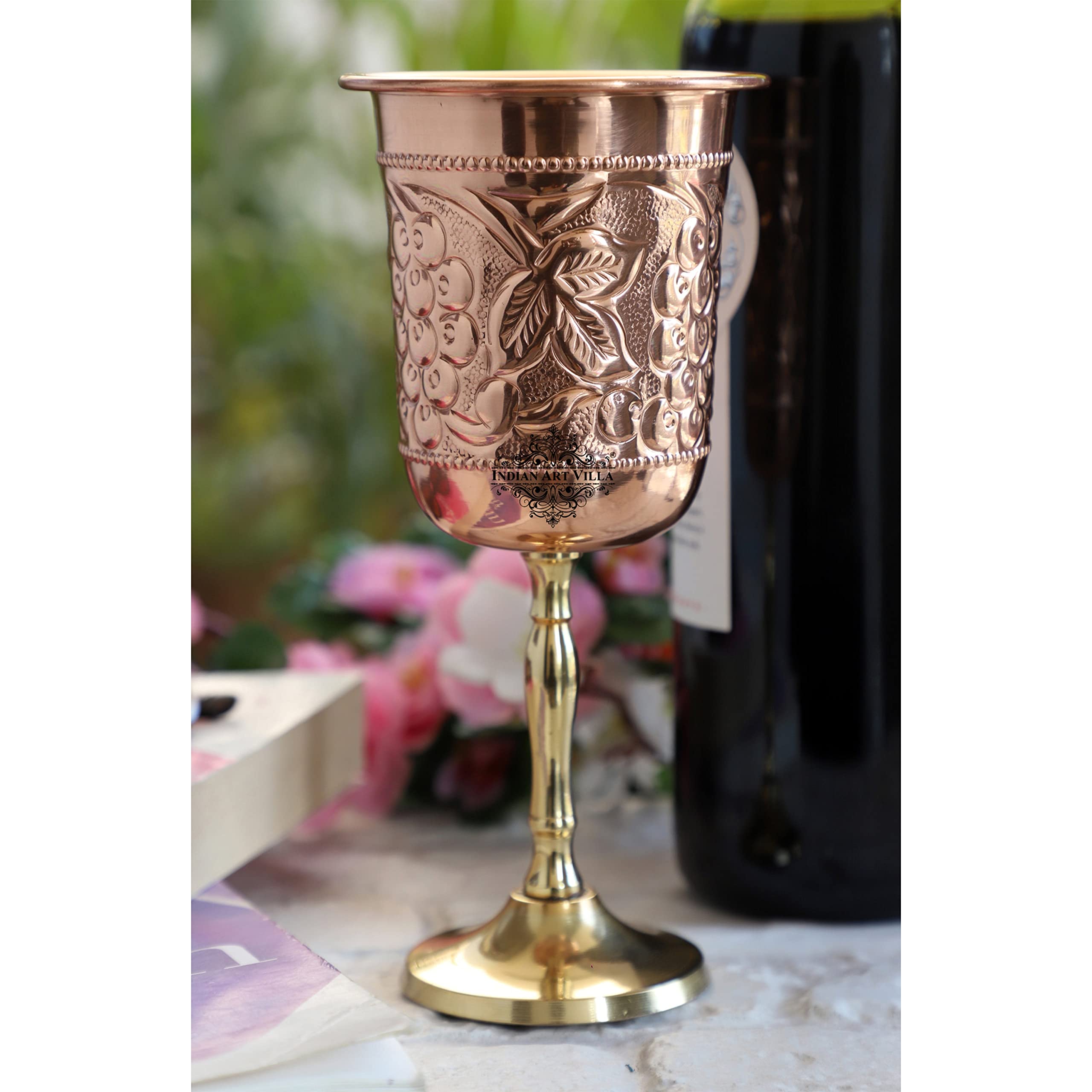 INDIAN ART VILLA Pure Copper Wine Glass with Grape Vines Embossed Design & Brass Bottom, Serving Drinking Wine Cocktail Bar Hotel Restaurant, Volume-300 ML Pack of - 2 4