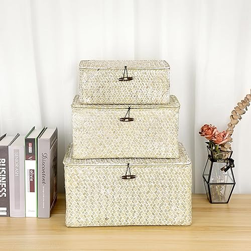 Miniatura 7 de Hipiwe Canastas de almacenamiento de pastos marinos con tapa, cestas de mimbre tejidas a mano, canastas rectangulares para el hogar, cajas