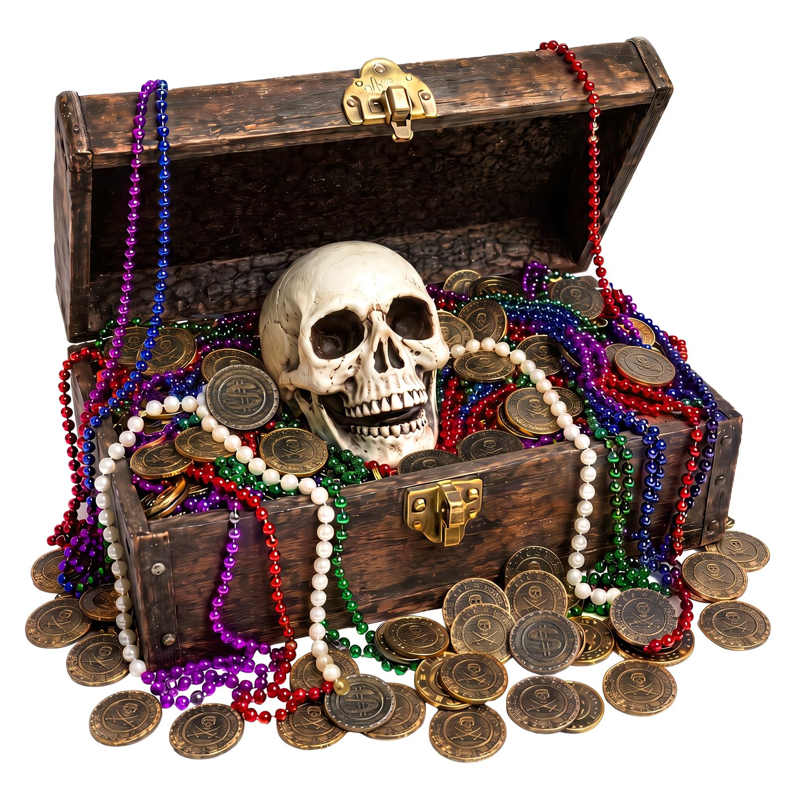 Kit di decorazioni per feste pirata, 122 pezzi, 100 monete d'oro pirata, 20 collane di perline colorate, 3 m, ghirlanda di perle e teschio, oggetti di scena per pirati, caccia al tesoro