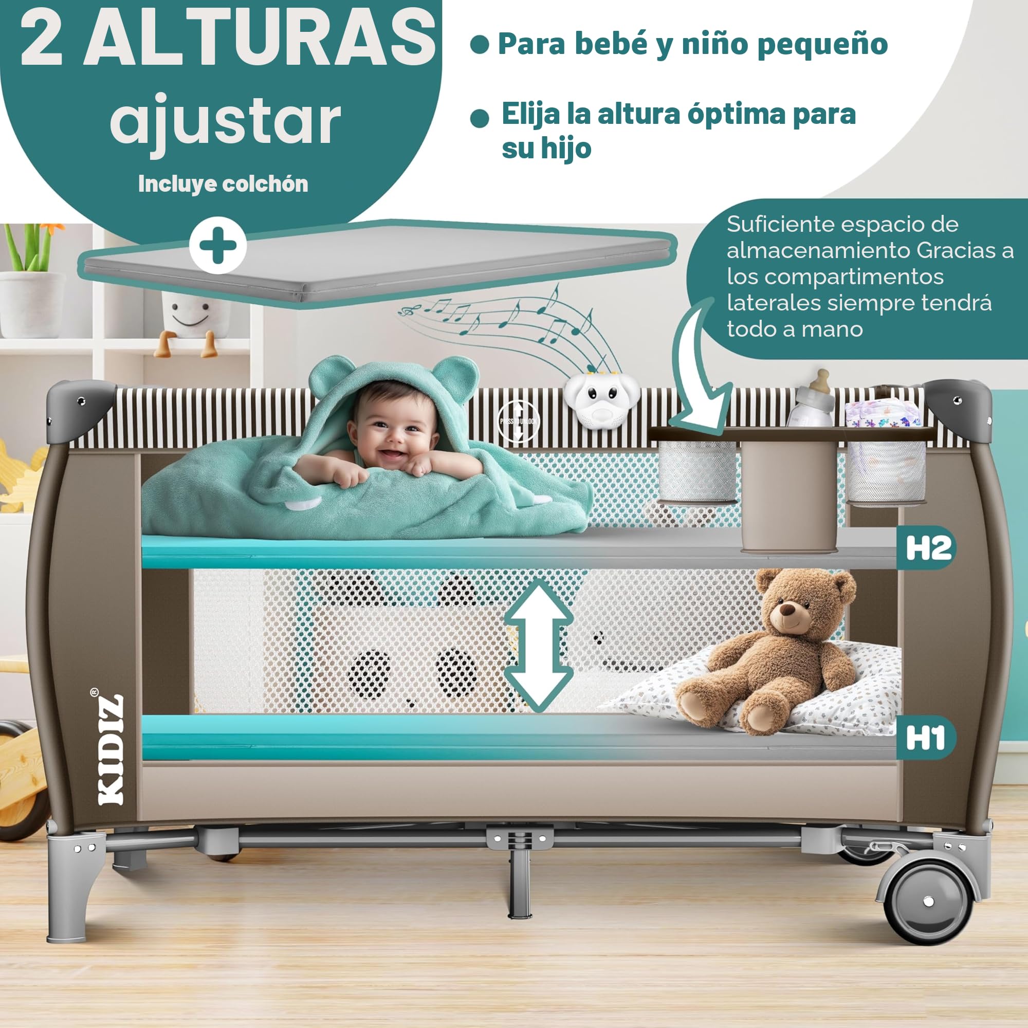 KIDIZ® Cuna de bebé 3 en 1 Cama de Viaje, Combi Set, Cama de bebé con Cambiador, mosquitero Corral de Juego, marrón
