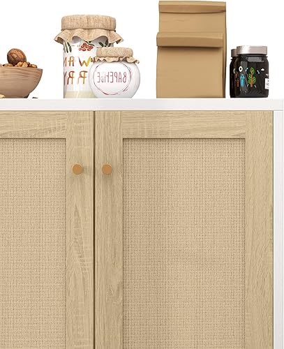 Miniatura 6 de Panana Ratán decorado 2 puertas Gabinete de almacenamiento Gabinete de acento Sala de estar Armario Cocina Aparador Buffet Mesa (blanco)