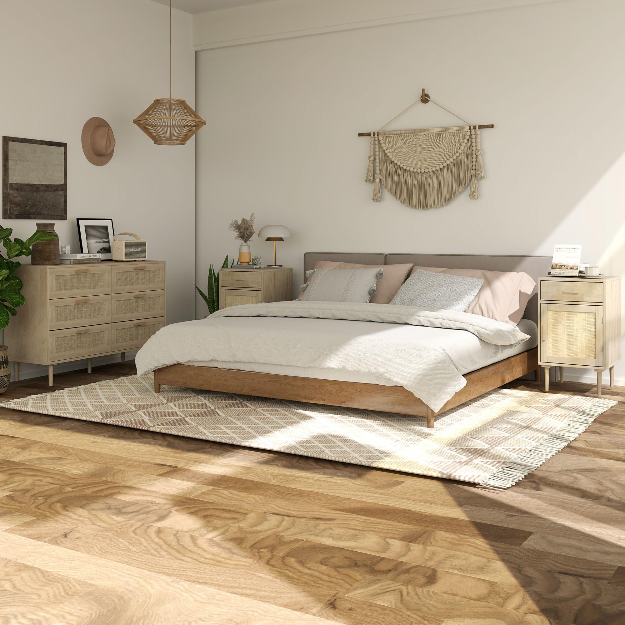 HOMCOM Comodino boho con cassetto mobile in rattan effetto legno naturale | Tavolino in rattan, mobile a 2 livelli, ripiano regolabile, comodino, camera da letto