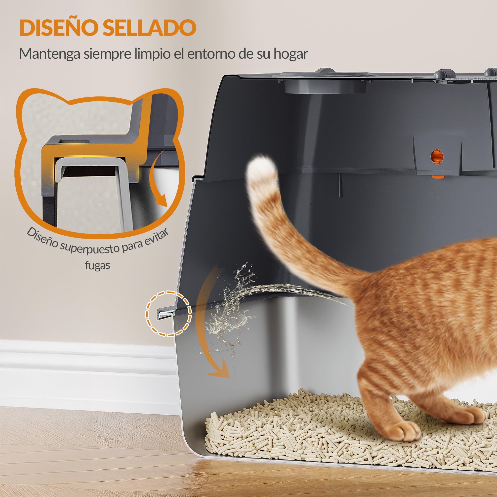 Arenero Acero Inoxidable Gatos XXL, 61 x 41 x 40 cm, Gris Oscuro | Arenero Cerrado para Gatos, con Tapa, Tapa con Bisagra de 180°, Pedal y Pala, Fácil de Limpiar, Diseño Modular FPLB203SG2