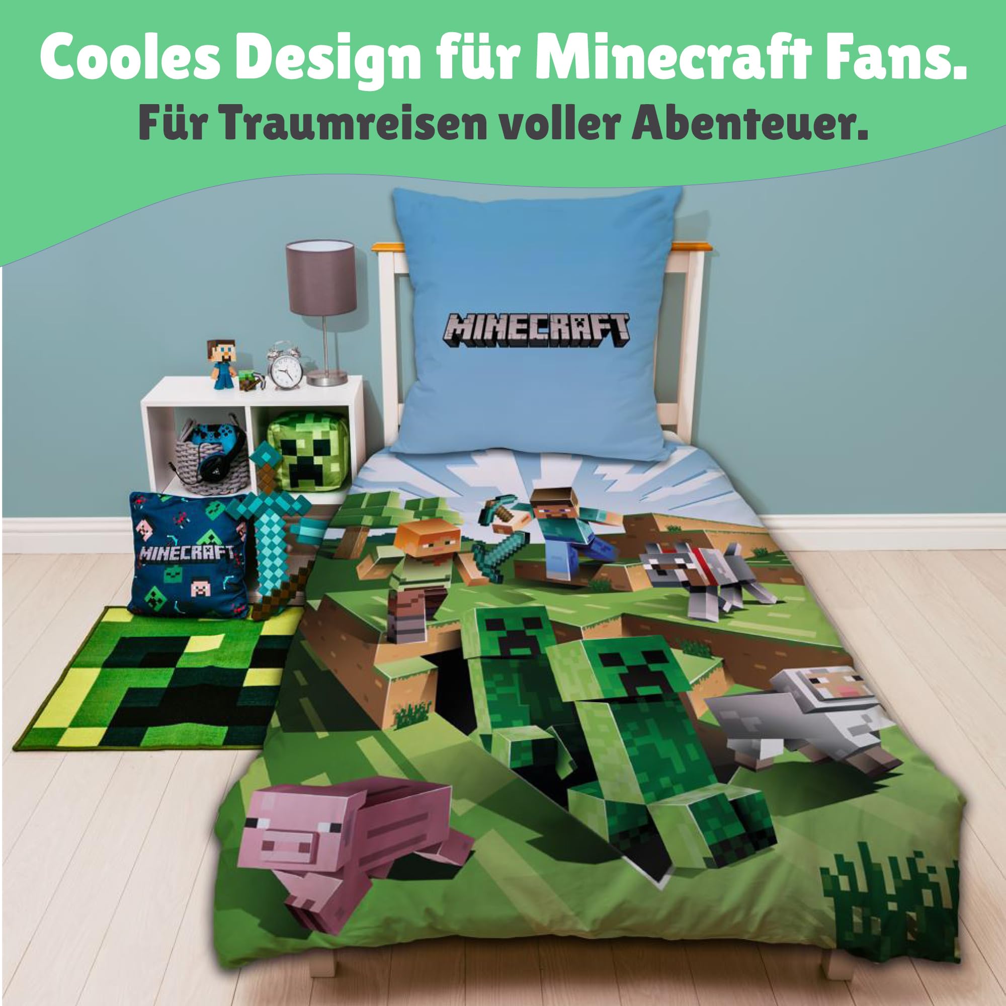 Character World Wende Bettwäsche-Set Minecraft, 135x200cm + 80x80cm, 100% Baumwolle, grün Motiv Craft Blöcke TNT und Spitzhacke Battle, Mehrfarbig