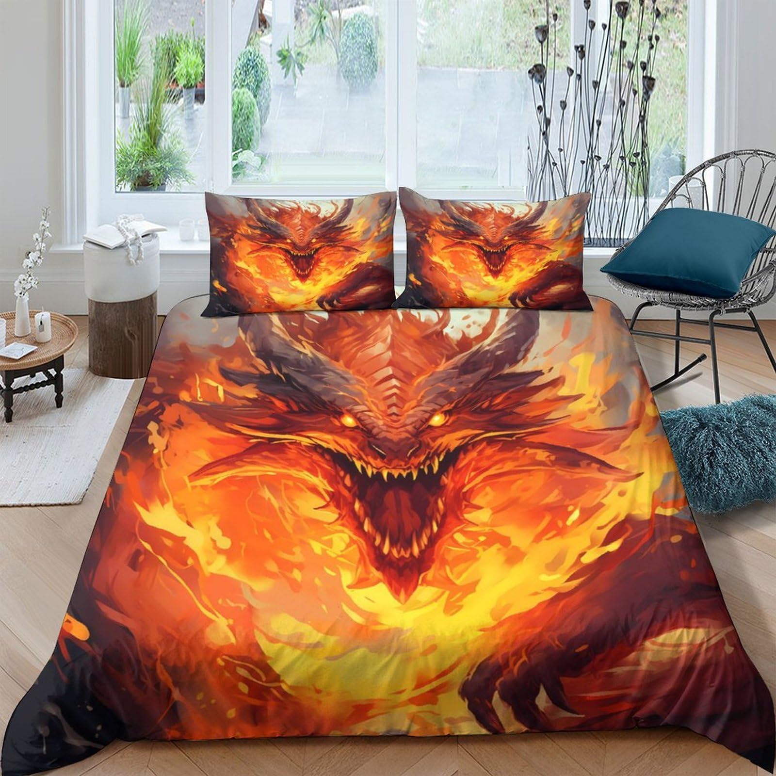 Ctjqhvkz Style-3 3D Printed Fiery Dragon Fitted Sheet Microfiber Soft Slip-Resistant Flaming Beast Mattress Cover Bedroom Decor Single（135X200cm）