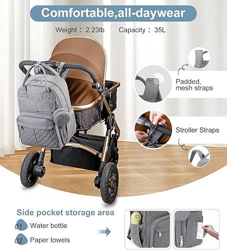 Miniatura 5 de MOONBABY Mochila para pañales, bolsas de pañales para bebés con cambiador portátil y estuche para chupete, mochilas multifuncionales para pañales de