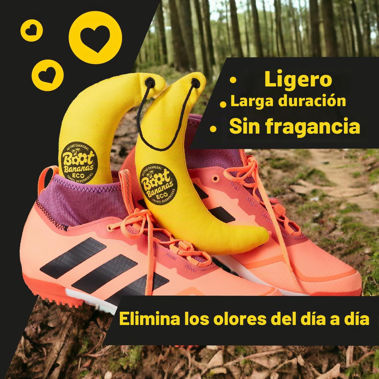 Boot Bananas Eco Travel - Desodorizantes de carbón activado sin fragancia para zapatos, guantes y bolsas malolientes, ligero, compostable, reutilizable, frescura sobre la marcha, dura hasta 12 meses