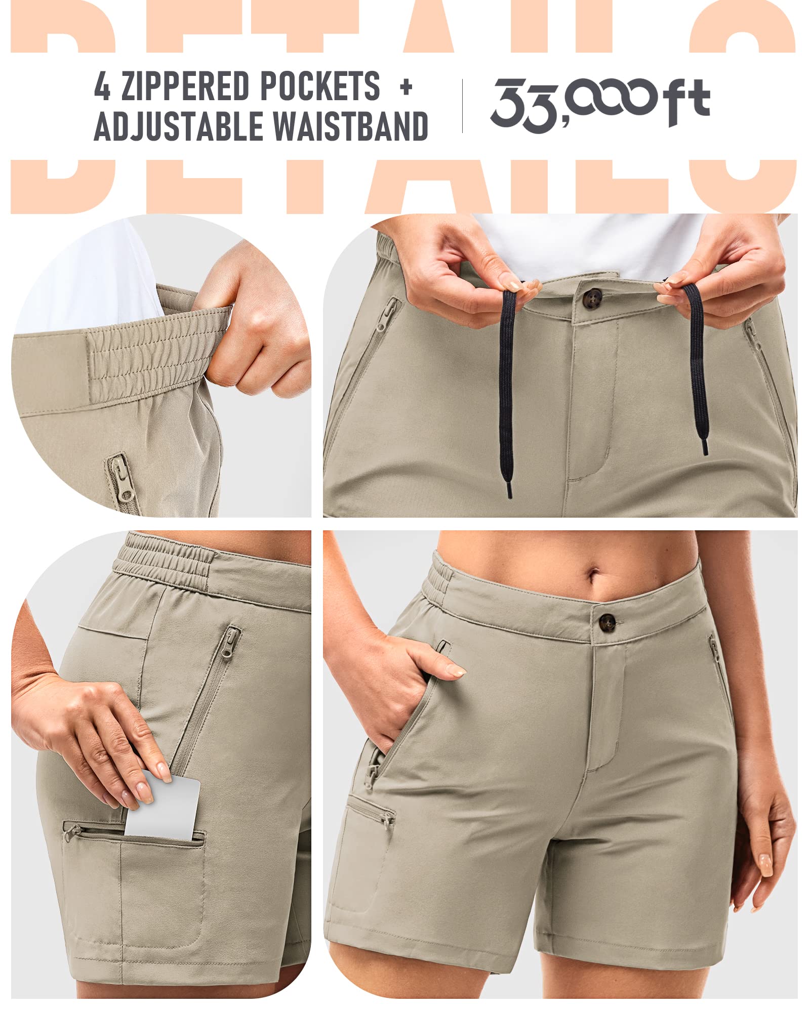 33,000ft Pantaloni corti da trekking, da donna, elasticizzati, leggeri, estivi, UPF50+, per escursioni, campeggio, viaggi