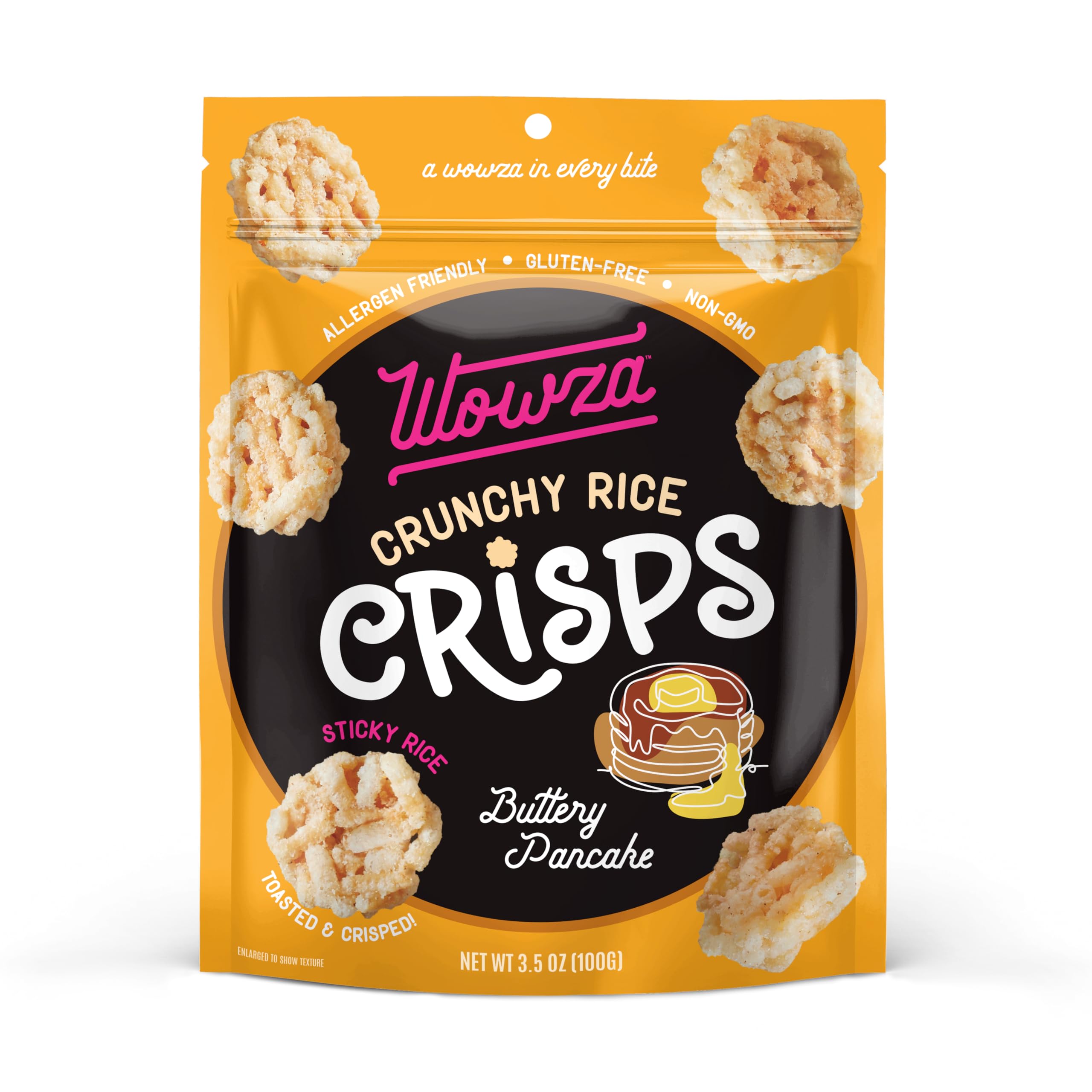 Wowza Buttery Pancake - Healthy Snacks, Mini Rice Cakes, Sticky Rice Crunchy Snack, Low Calorie, Savory Rice Crisp - Ideal Healthy Snack for Adults & Kids, 3.5 oz Bag, 8 Pack