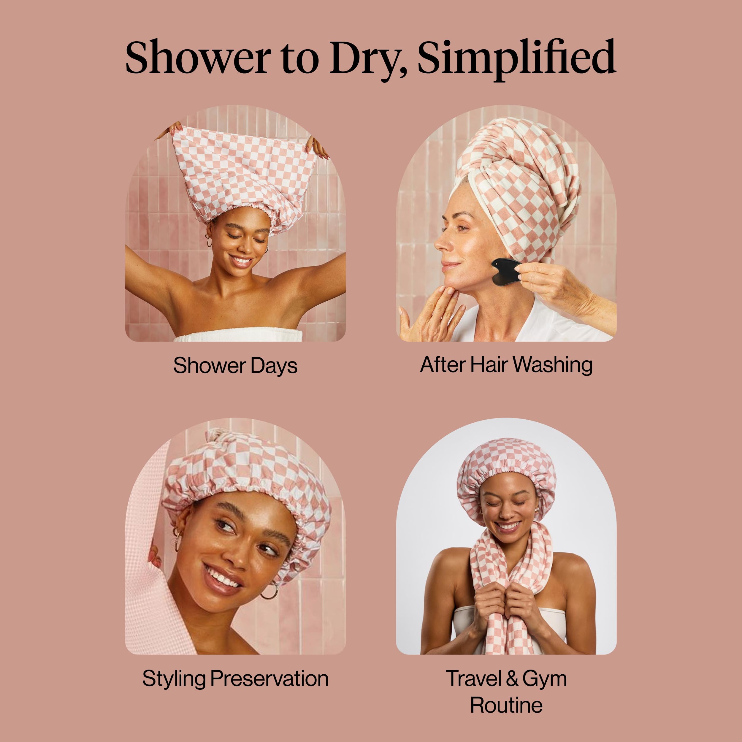 Kitsch Serviette de cheveux en microfibre XL pour femme - Motif à carreaux blush