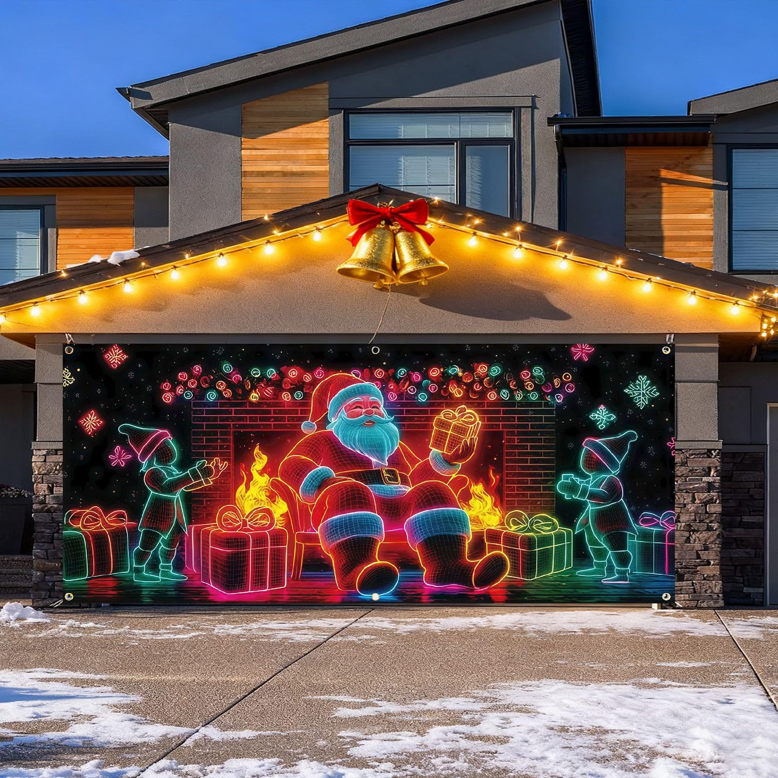 Banner de Papá Noel para garaje, bonito aspecto de Papá Noel, una imagen y alegría para tus vacaciones.