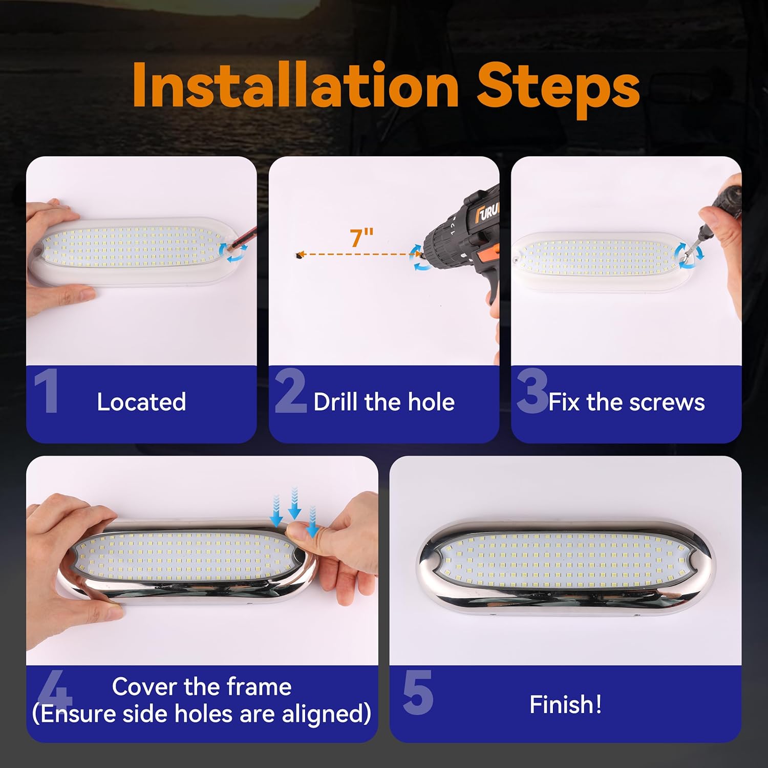 RVZONE Underwater Marine LED Boat Lights, 8.2 in 3000LM 12V 8W IP68 Waterproof Stainless Steel Boat Transom Lights Flood Lights Boat Deck Courtesy Light LED Stern Lights (White Light, 2 PCS)