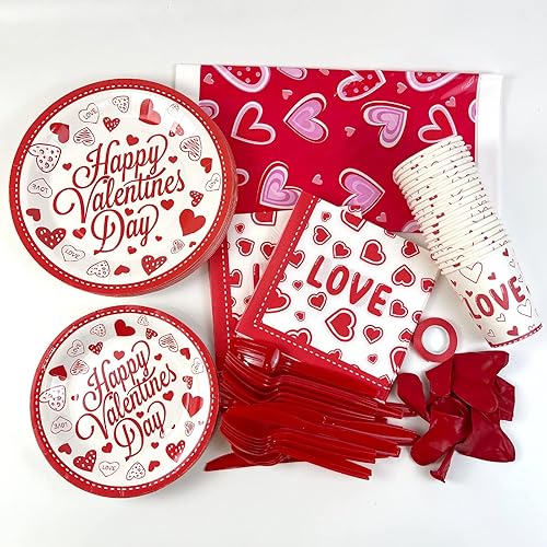 Miniatura 5 de Rainmae Suministros de fiesta para el día de San Valentín, vajilla desechable para el día de San Valentín, incluye platos de cena, platos de postre,