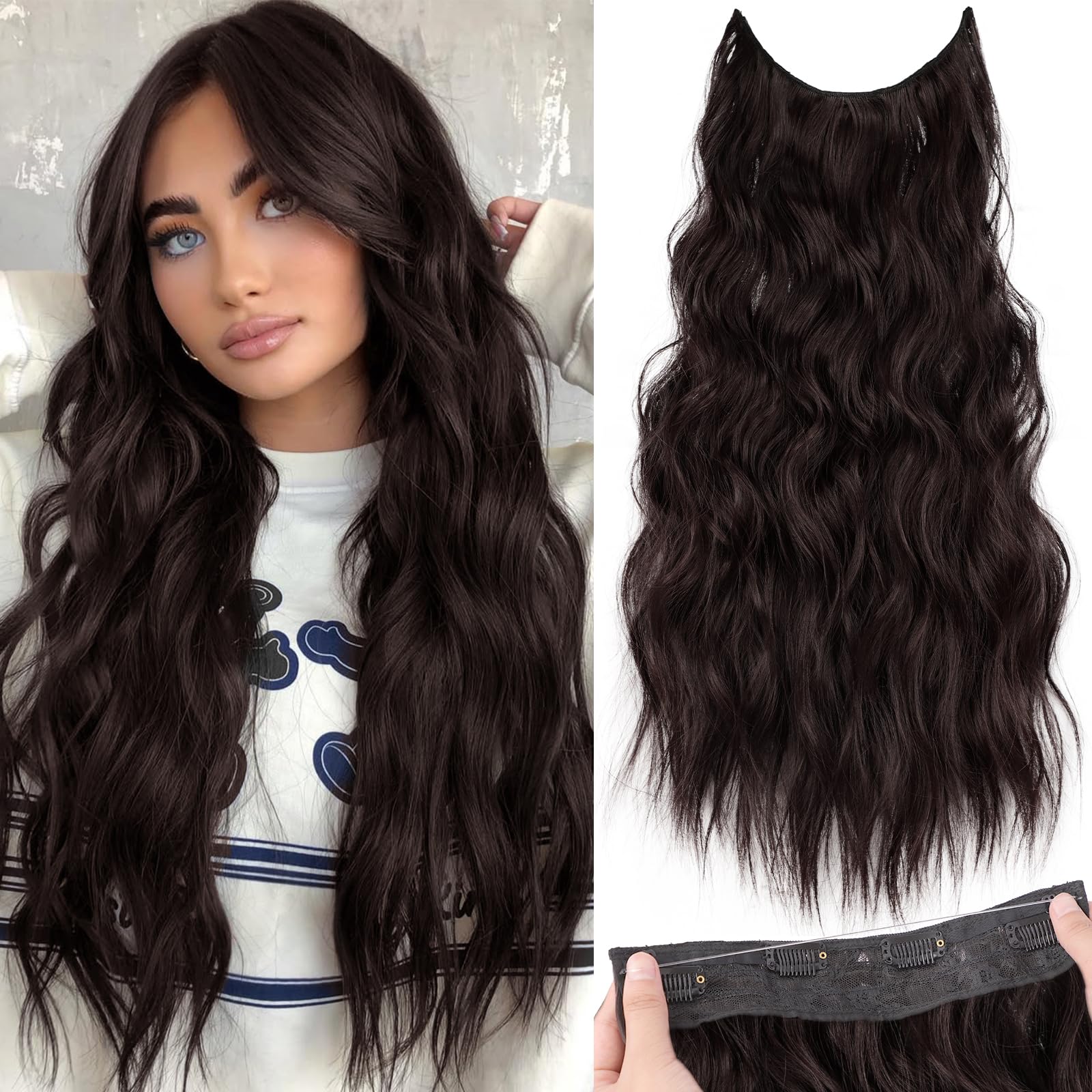 KooKaStyle Invisible Wire Hair Extensions with Transparent Headband Adjustable Size 4 Secure Clips Long Wavy Secret Wire Hairpiece 24 Inch Reddish Chocolate Brown for Women