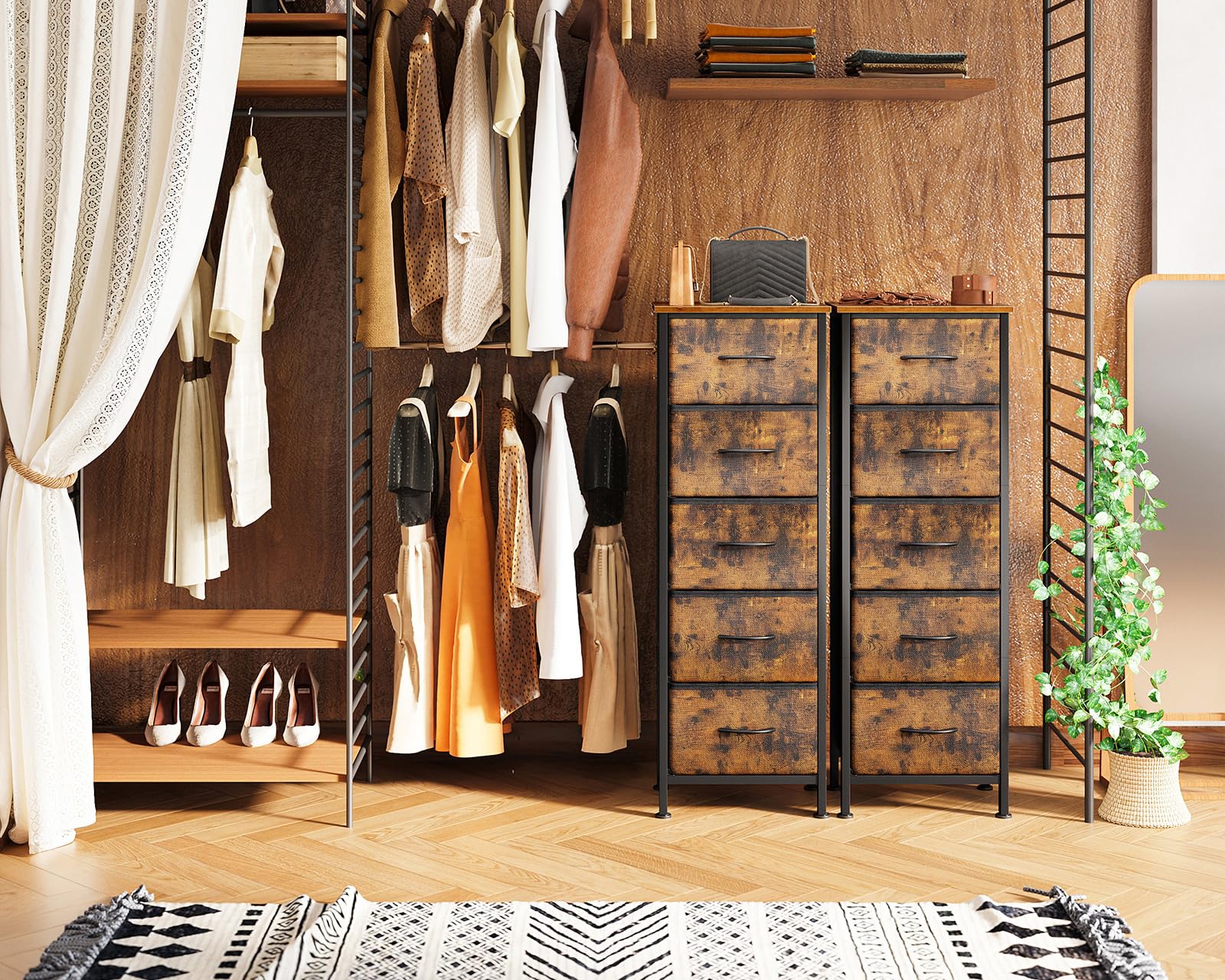 Coleshome Schmale Kommode mit Schubladen, Kleine Kommode mit 5 Schubladen, mit Stoffschublade, Stabiler Stahlrahmen, Holzplatte, Geeignet für Schlafzimmer und Wohnzimmer, Vintage