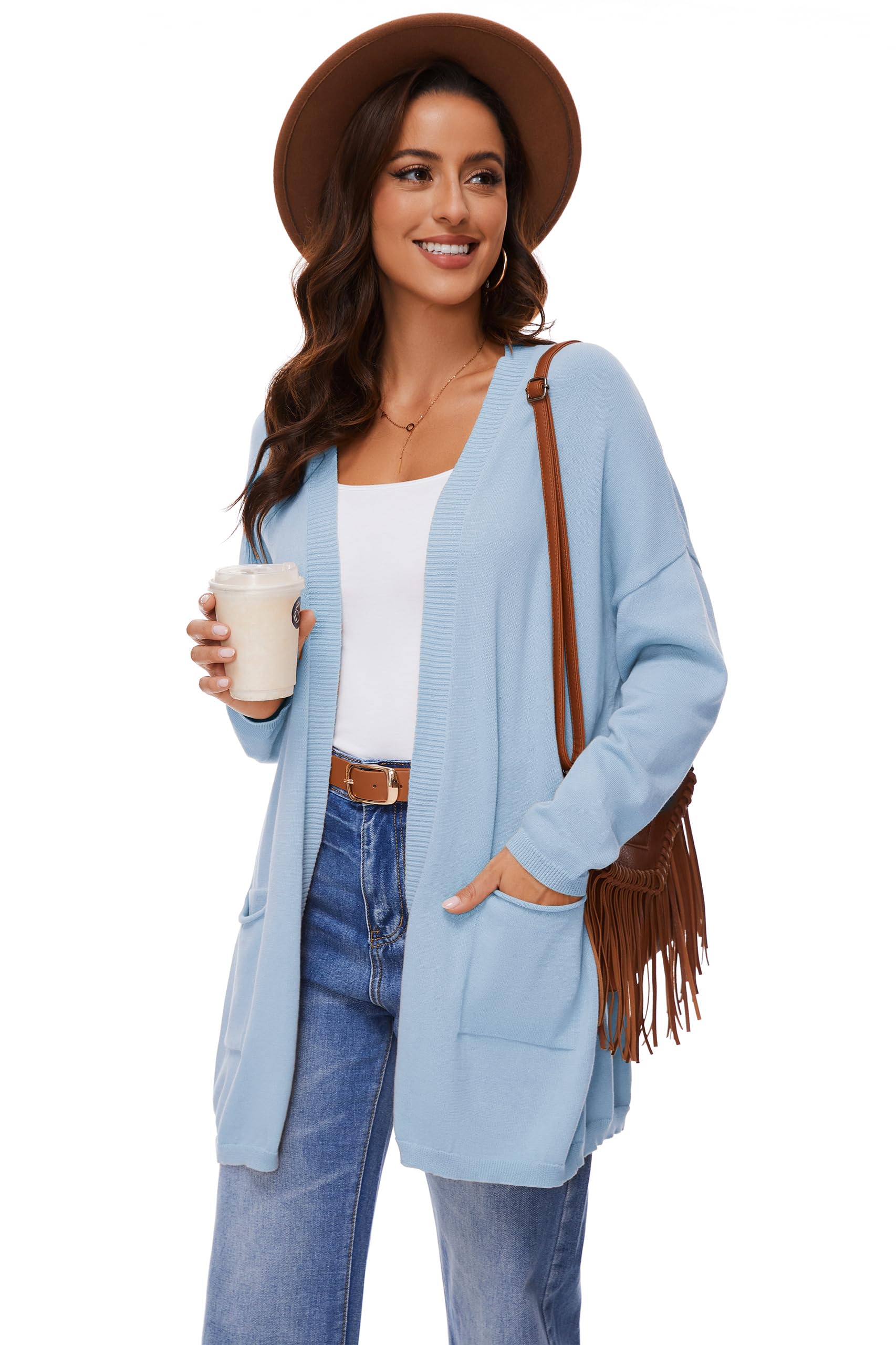 Cardigan Aperto in Cotone 100% per Donna con Tasche, Maniche Lunghe, Morbido, Oversize, Maglione Casual da Donna, Blu Chiaro, S