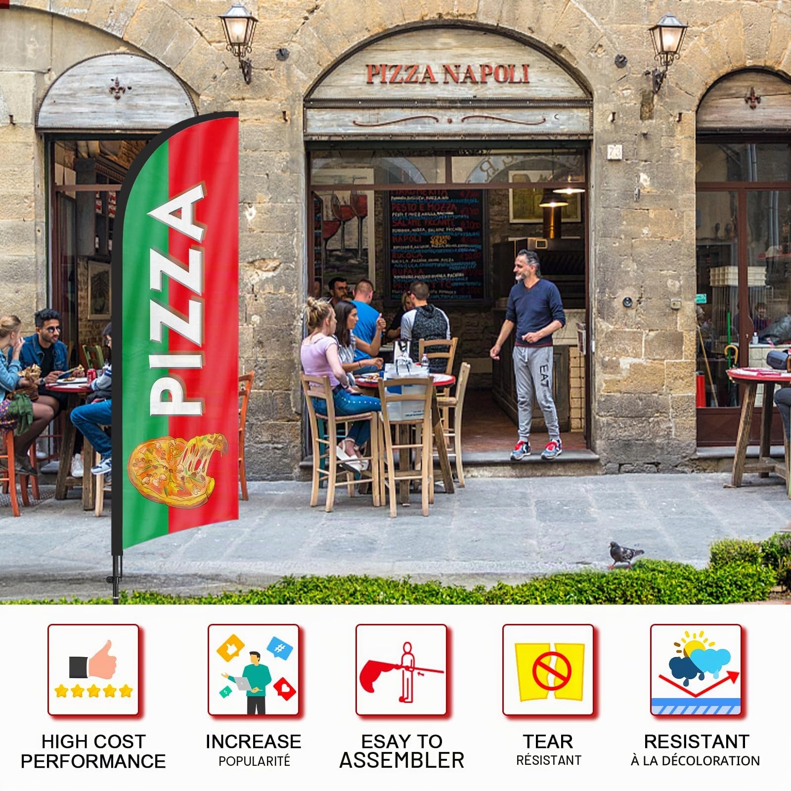 Pizza Plume Drapeau, 8FT Pizza Drapeau Publicitaire avec Kit Poteau, Piquet de Sol, Signs Publicitaire Exterieur Adapté Pour publicité en magasin et Extérieur