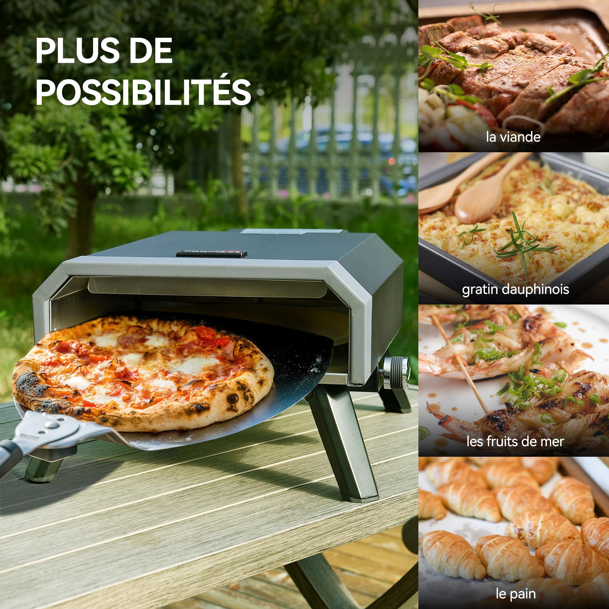 Royal Gourmet Four à Pizza Gaz Extérieur, Barbecue à Pizza de 4 KW avec Pierre Pizza de ⌀33 cm, Allumage Automatique et Pieds Pliables pour Le Jardin, Le Camping, Noir