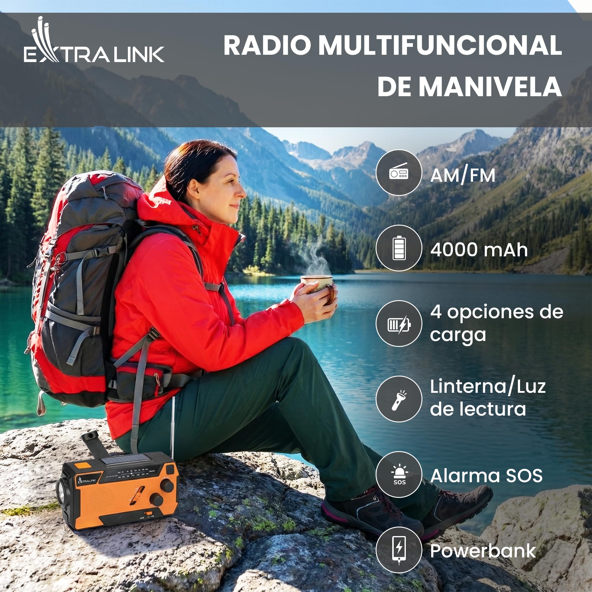 Extralink Radio Solar de Emergencia con Manivela, Función de Carga de 4000 mAh con Cables de Carga Integrados, FM/Am, Linterna LED & Luz de Lectura, Alarma SOS – para Camping y Supervivencia