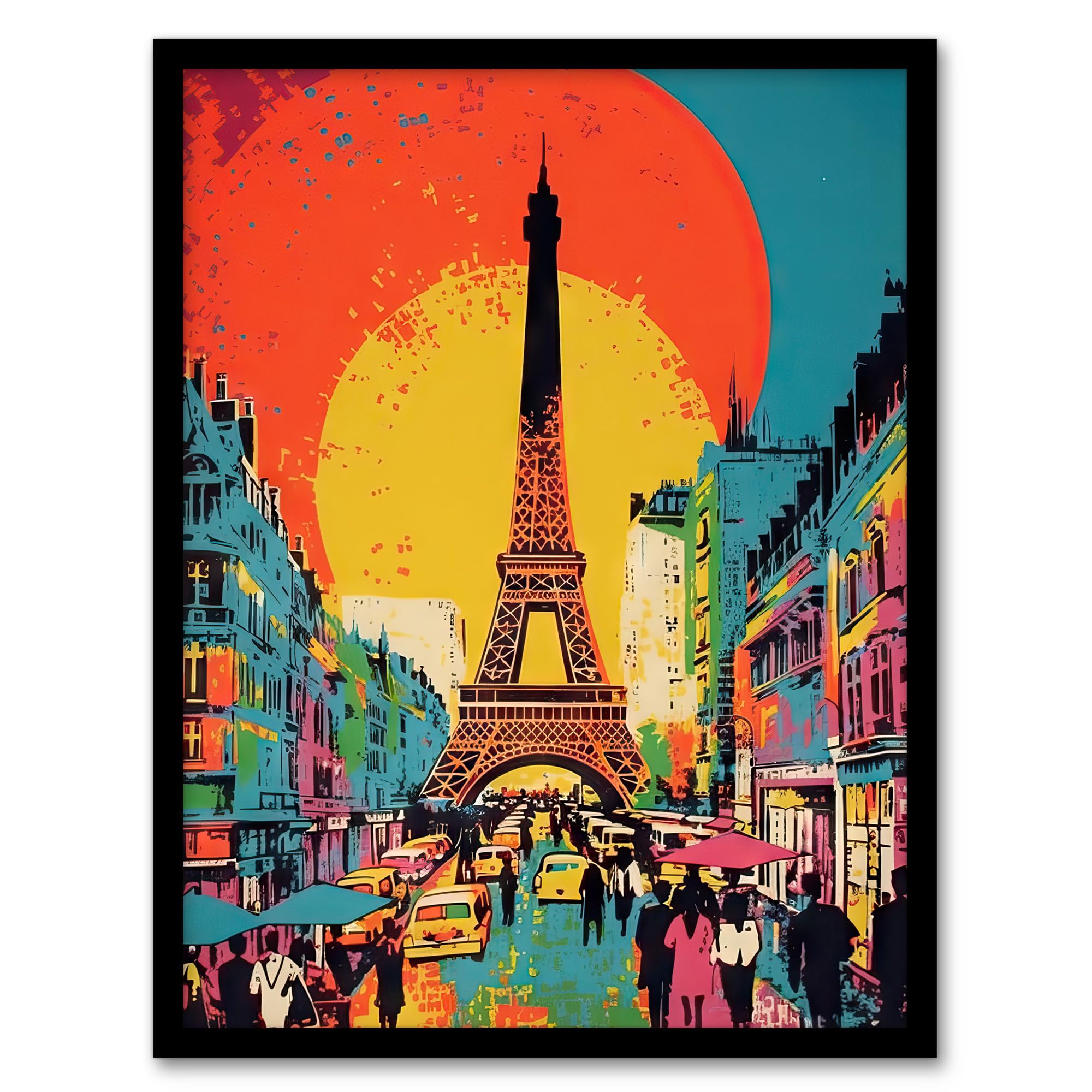 Artery8 Eiffel Tower Sunset Vibrant Painting Busy Paris Street Pedestrians Walking To Monument Artwork Framed Wall Art Print A4
