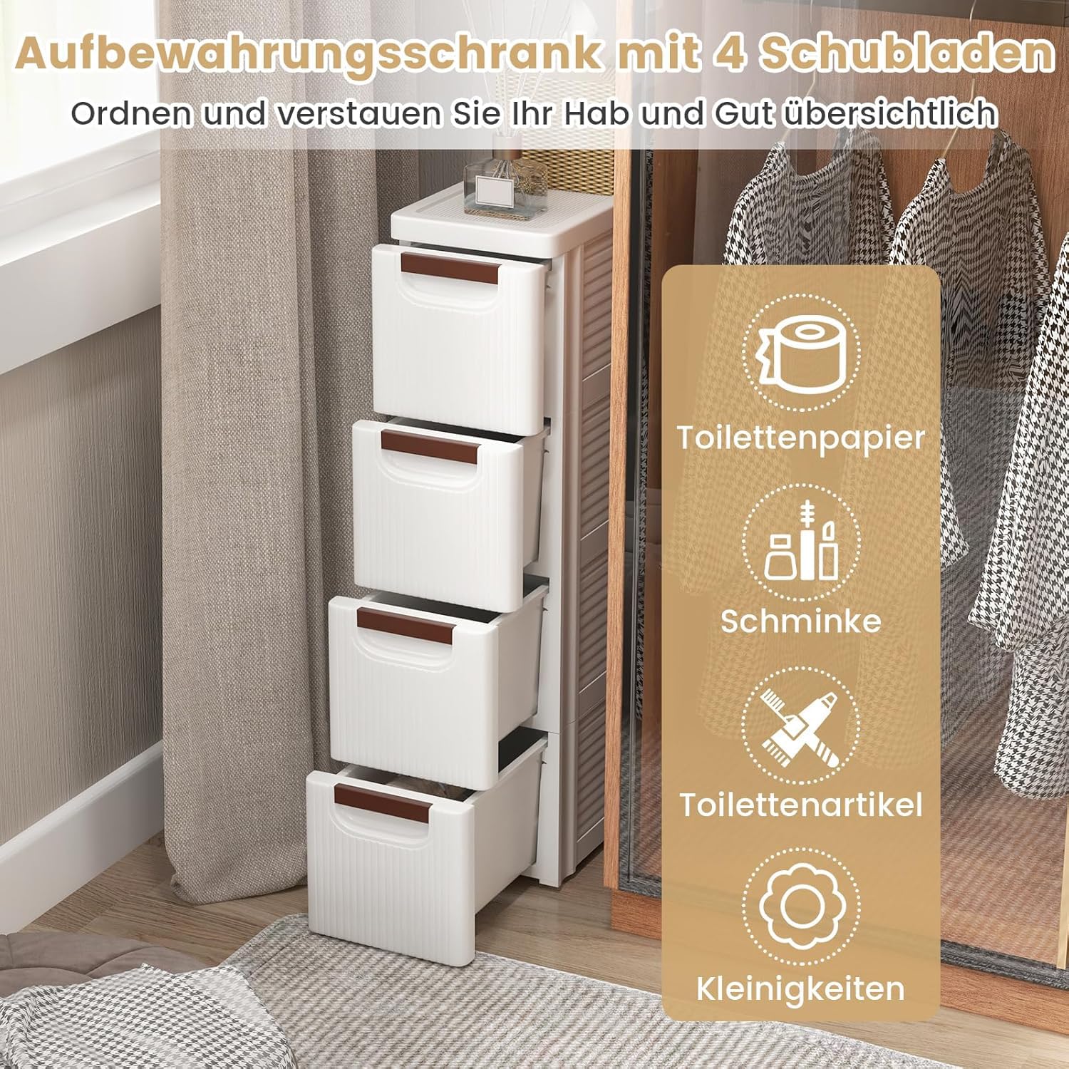 GOPLUS Wąska szafka łazienkowa z szufladami i kółkami, szafka toaletowa na papier toaletowy, regał niszowy, szafka apteczna, szafka łazienkowa (z 4 szufladami)