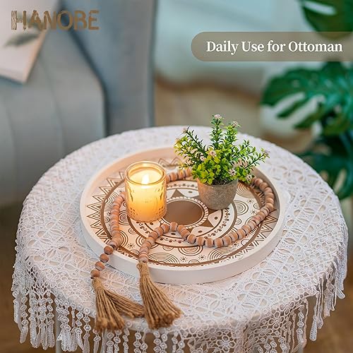Miniatura 8 de Hanobe Bandeja decorativa para mesa de centro redonda bohemia para decoración del hogar, bandejas de madera de granja blancas, centro de mesa