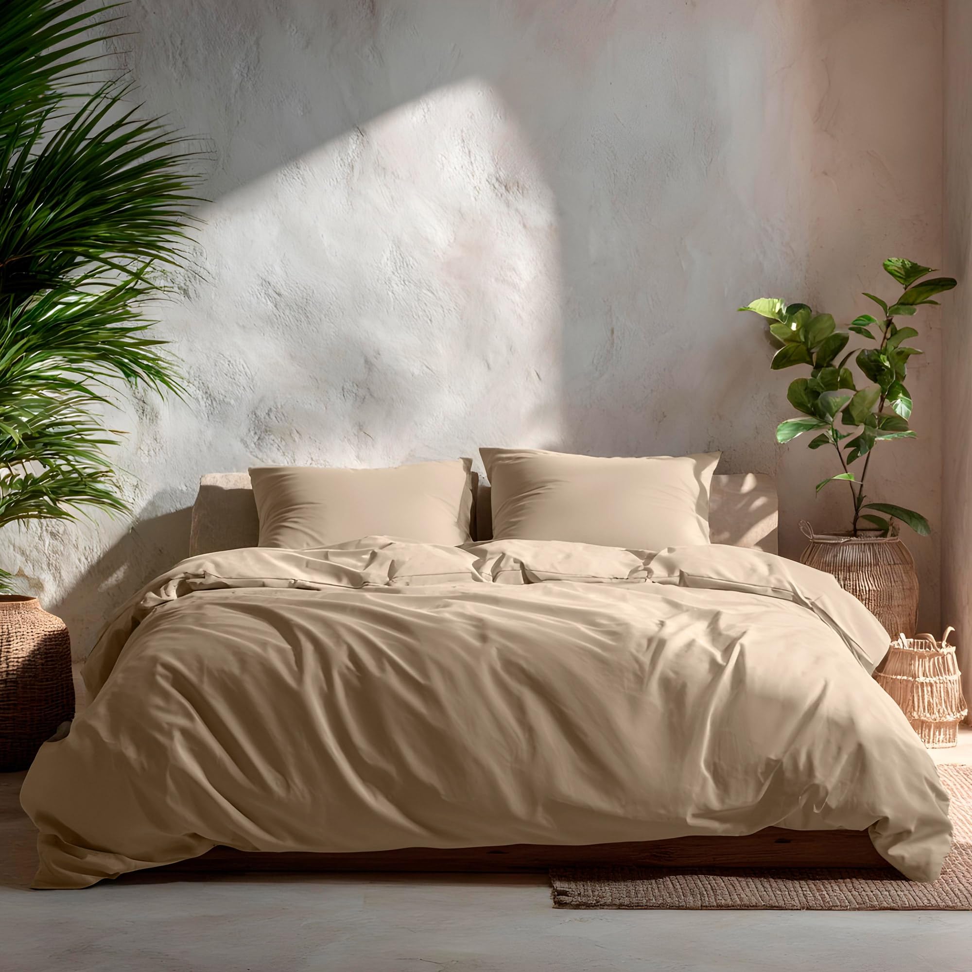 GAMUSI Juego Funda Nórdica Cama 180, Lisa 100% Algodón, Funda Edredón 260x240 cm y 2 Funda Almohada, Transpirable, Suave, Color Piedra